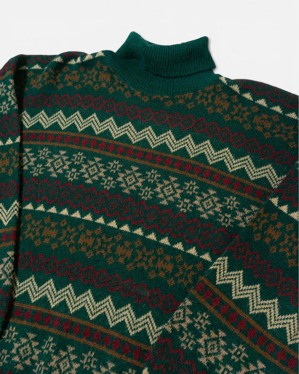 Jersey Cuello Alto Geométrico Verde Pino Vintage — Talla M