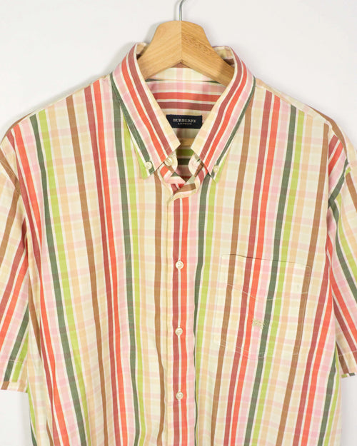 Camisa Burberry Vintage 2000s de Rayas de Manga Corta — Talla XL