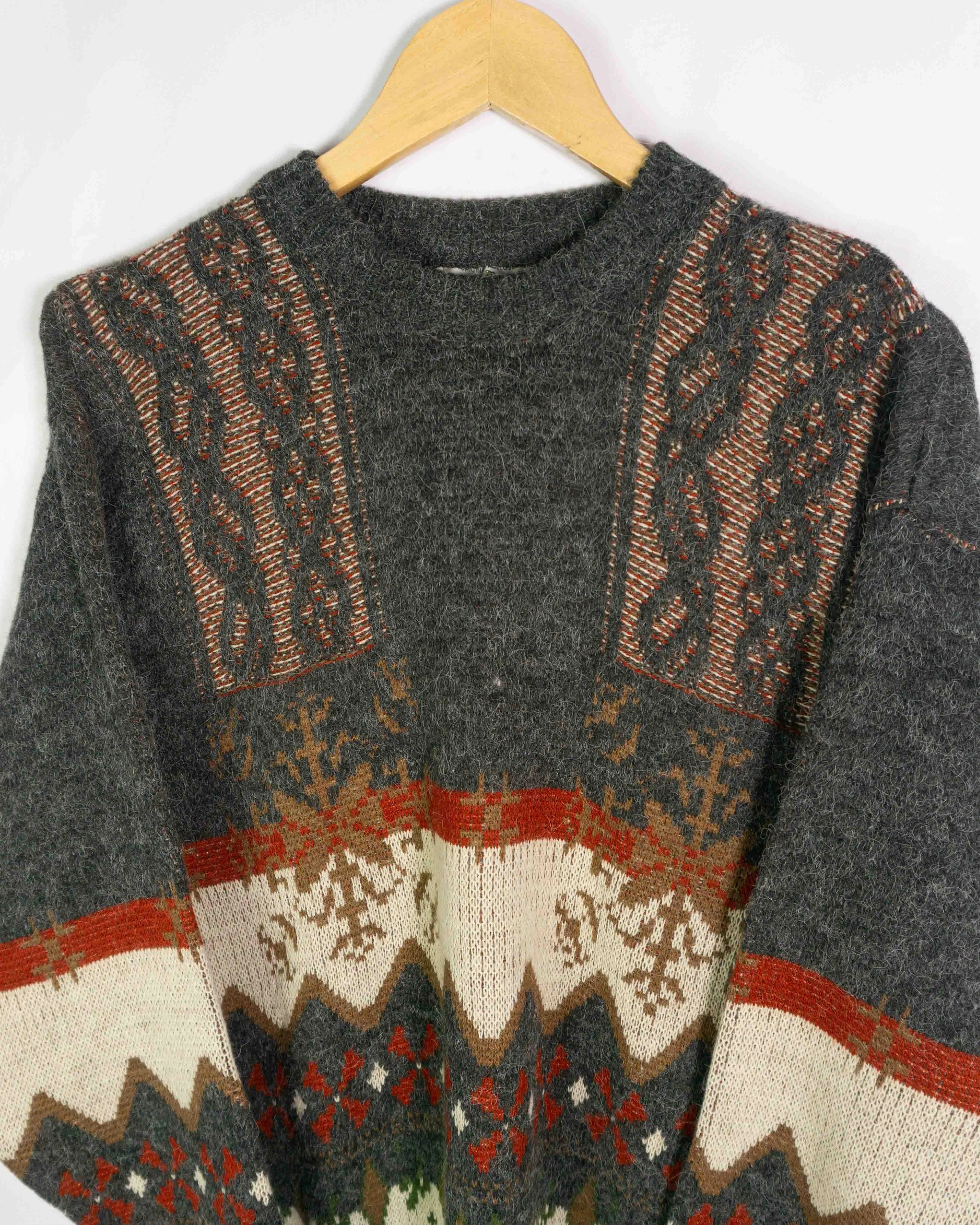 Jersey de Punto Vintage 90s Estampado Nórdico Gris — Talla S