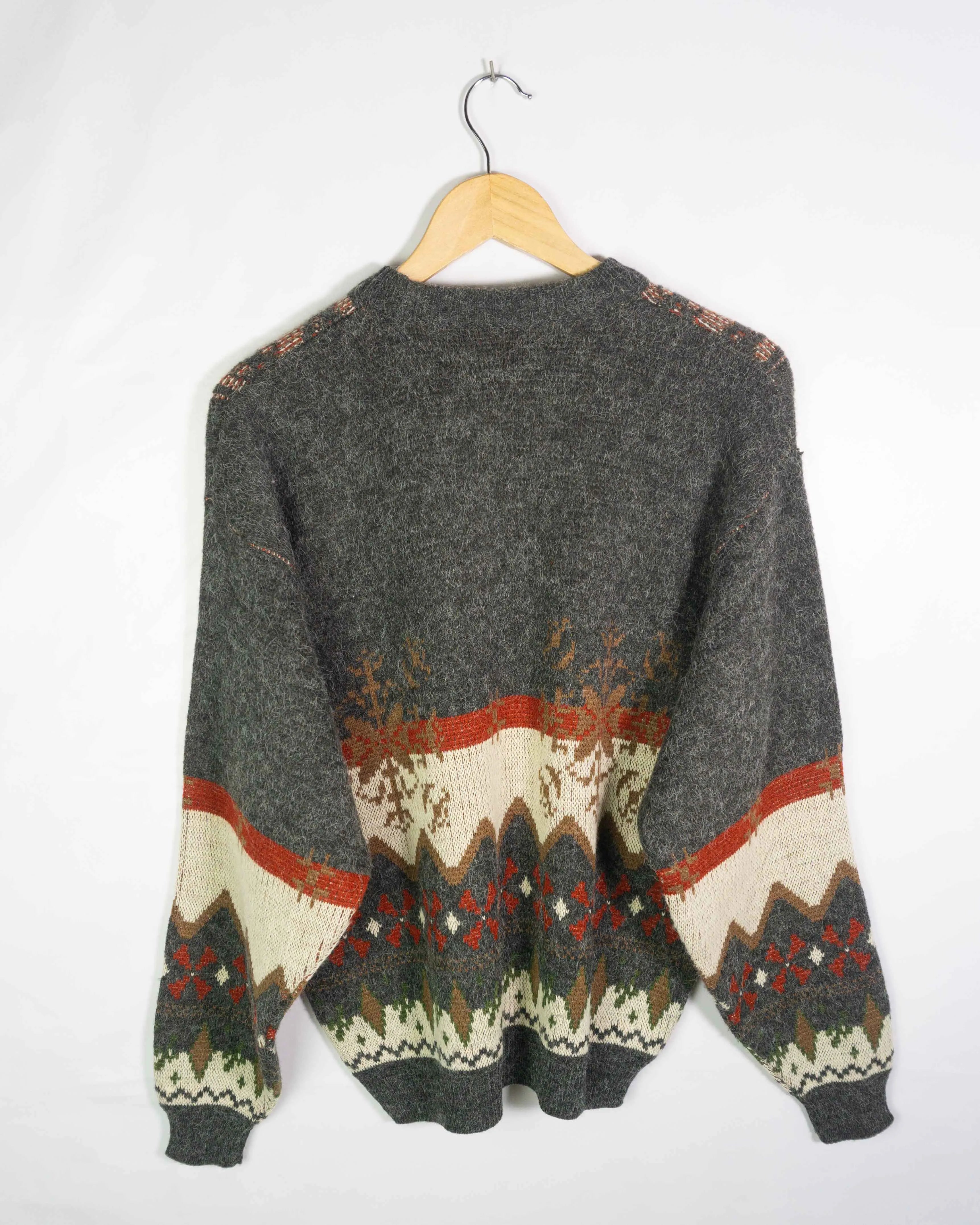 Jersey de Punto Vintage 90s Estampado Nórdico Gris — Talla S