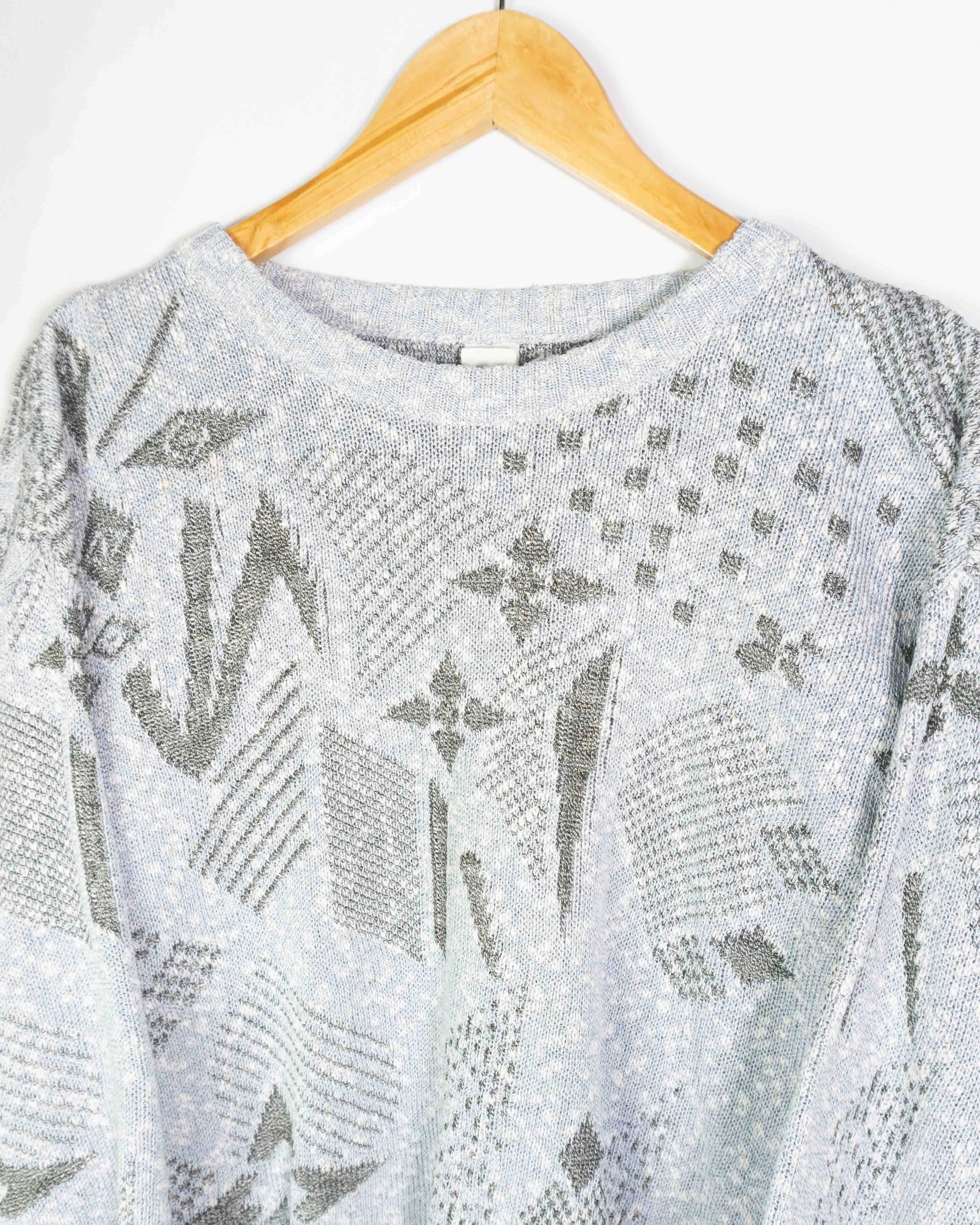 Jersey de Punto Vintage 90s Estampado Abstracto Gris — Talla S