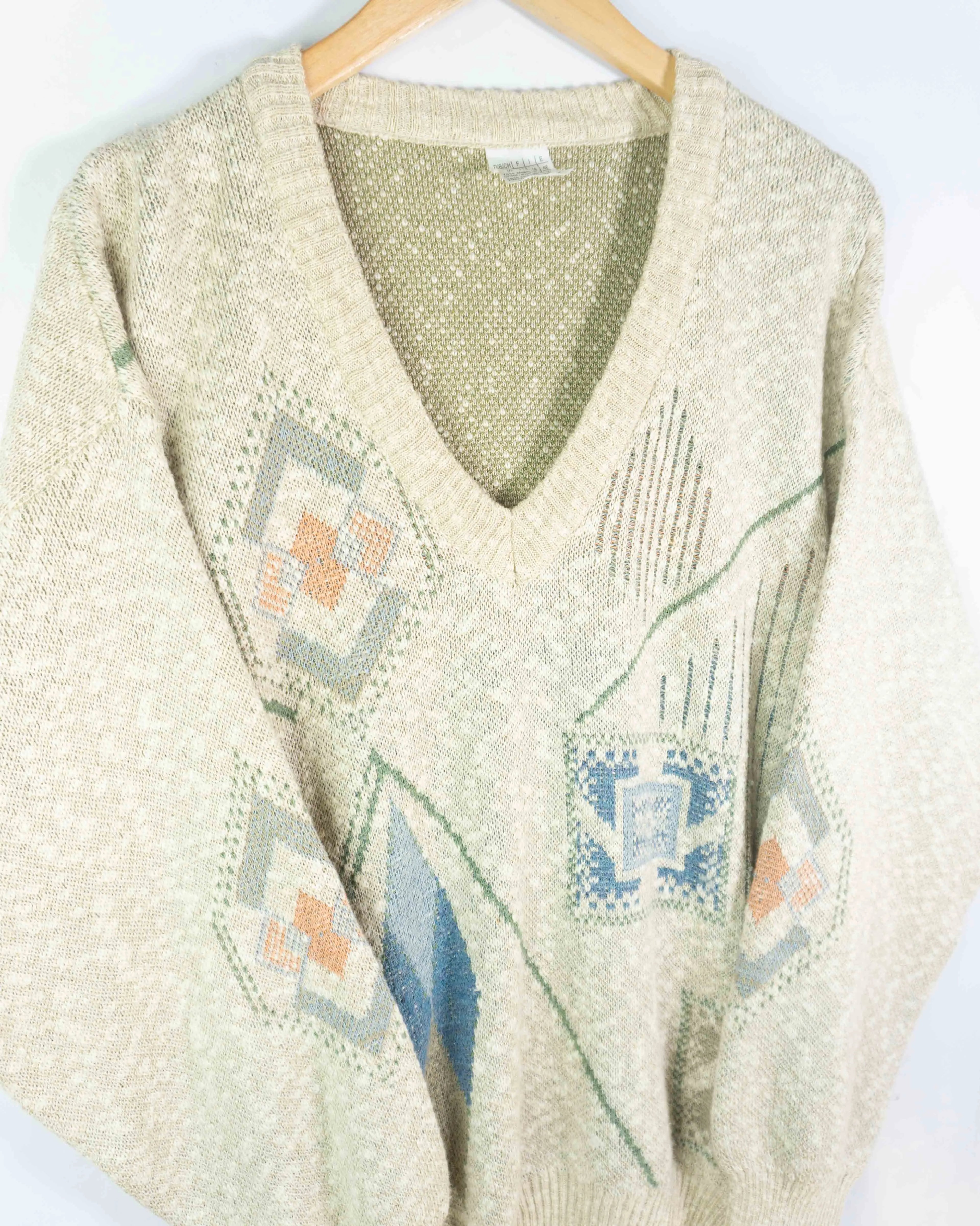 Jersey cuello pico estampado vintage 90s beige L