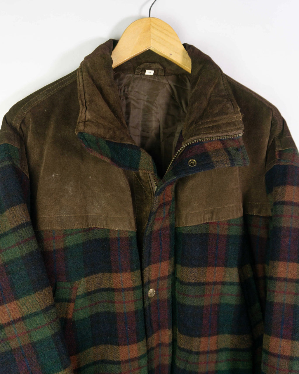 Chaqueta larga de cuadros vintage lana/ante marrón XL