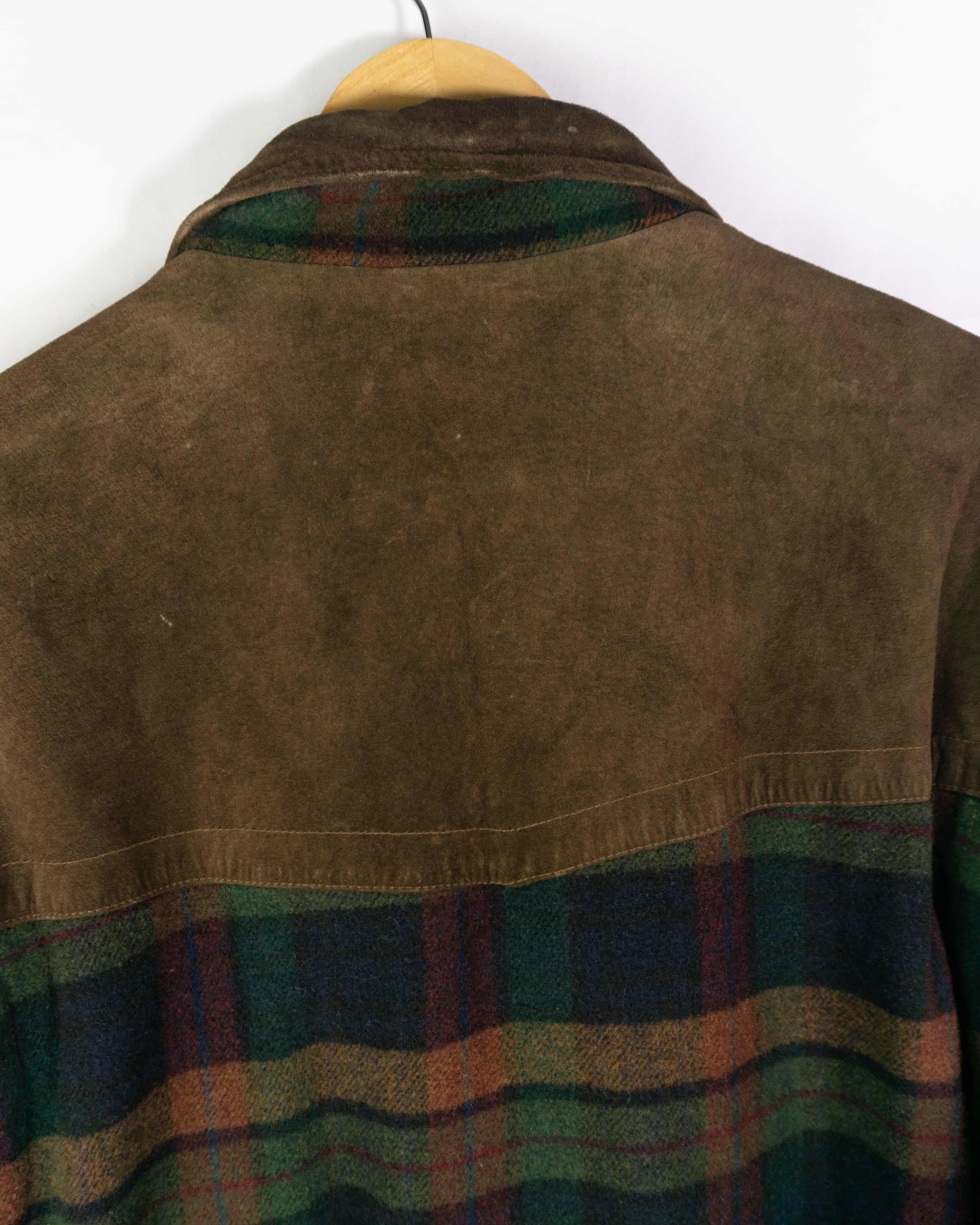 Chaqueta larga de cuadros vintage lana/ante marrón XL