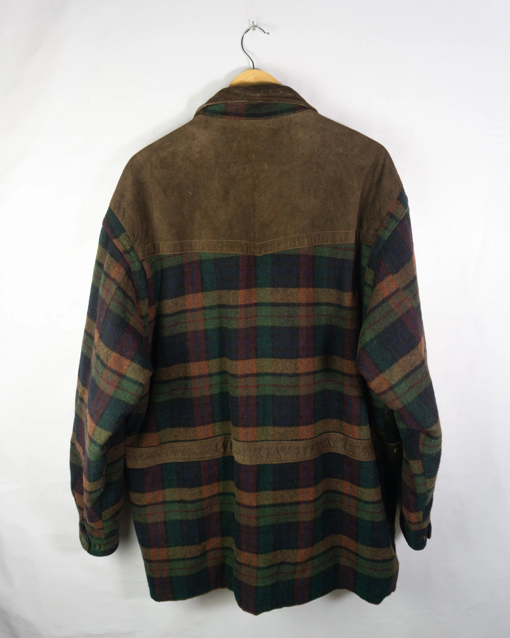 Chaqueta larga de cuadros vintage lana/ante marrón XL