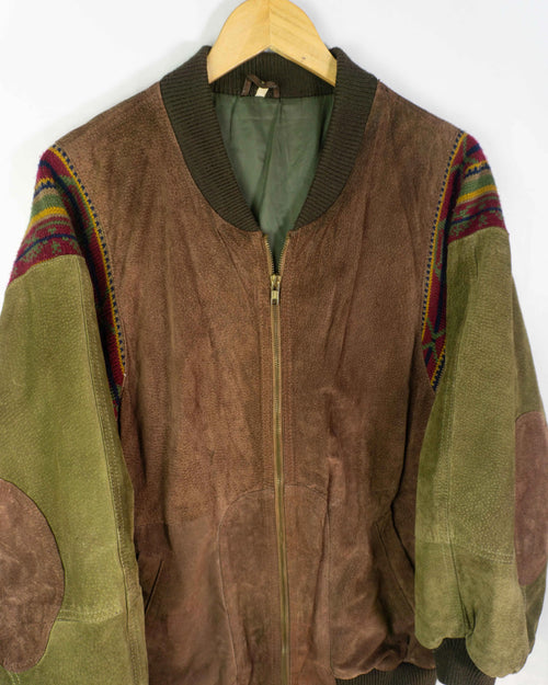 Bomber étnica de ante vintage 90s marrón/verde L