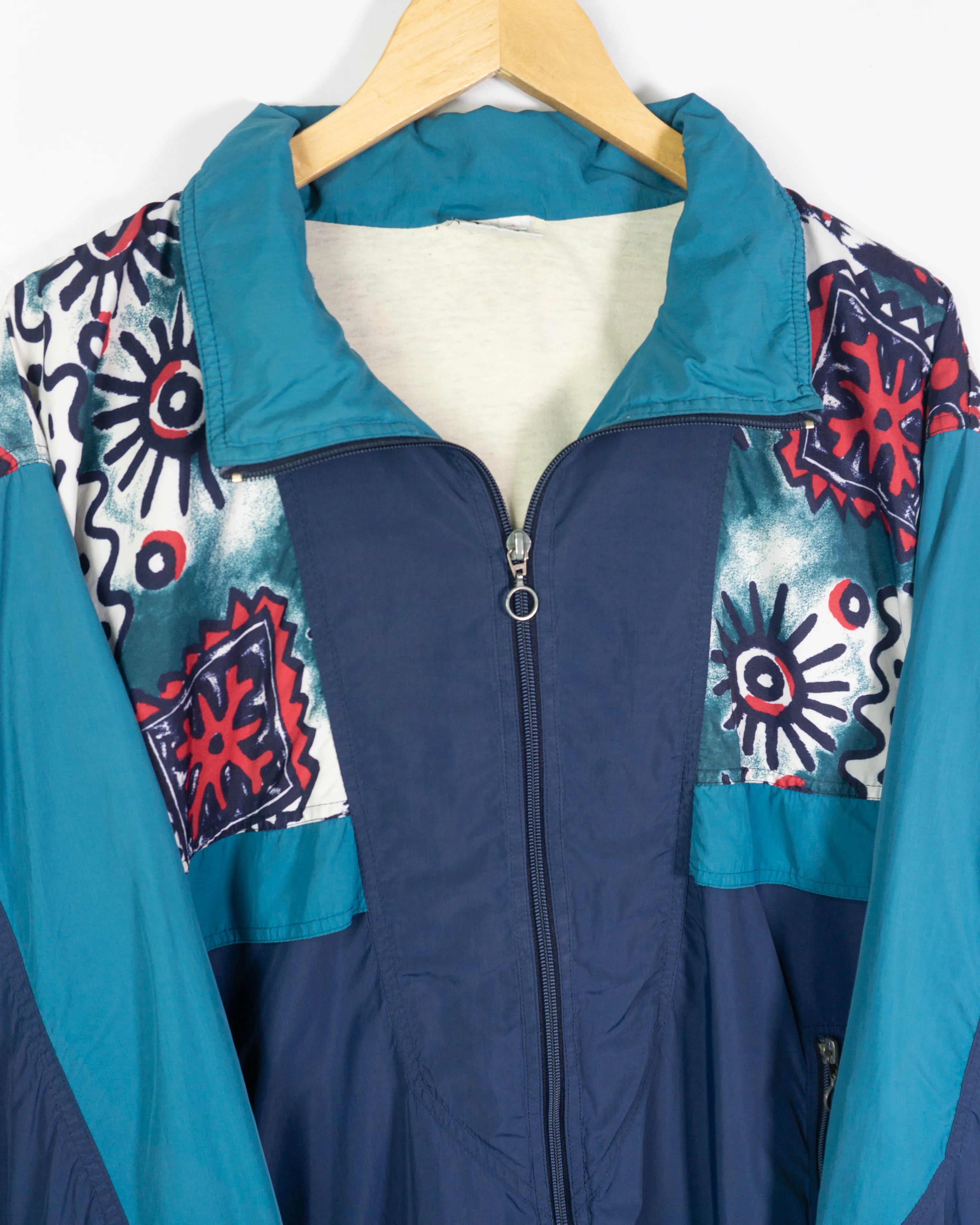 Chaqueta Estampada Azul Turquesa Vintage 90s — Talla XL