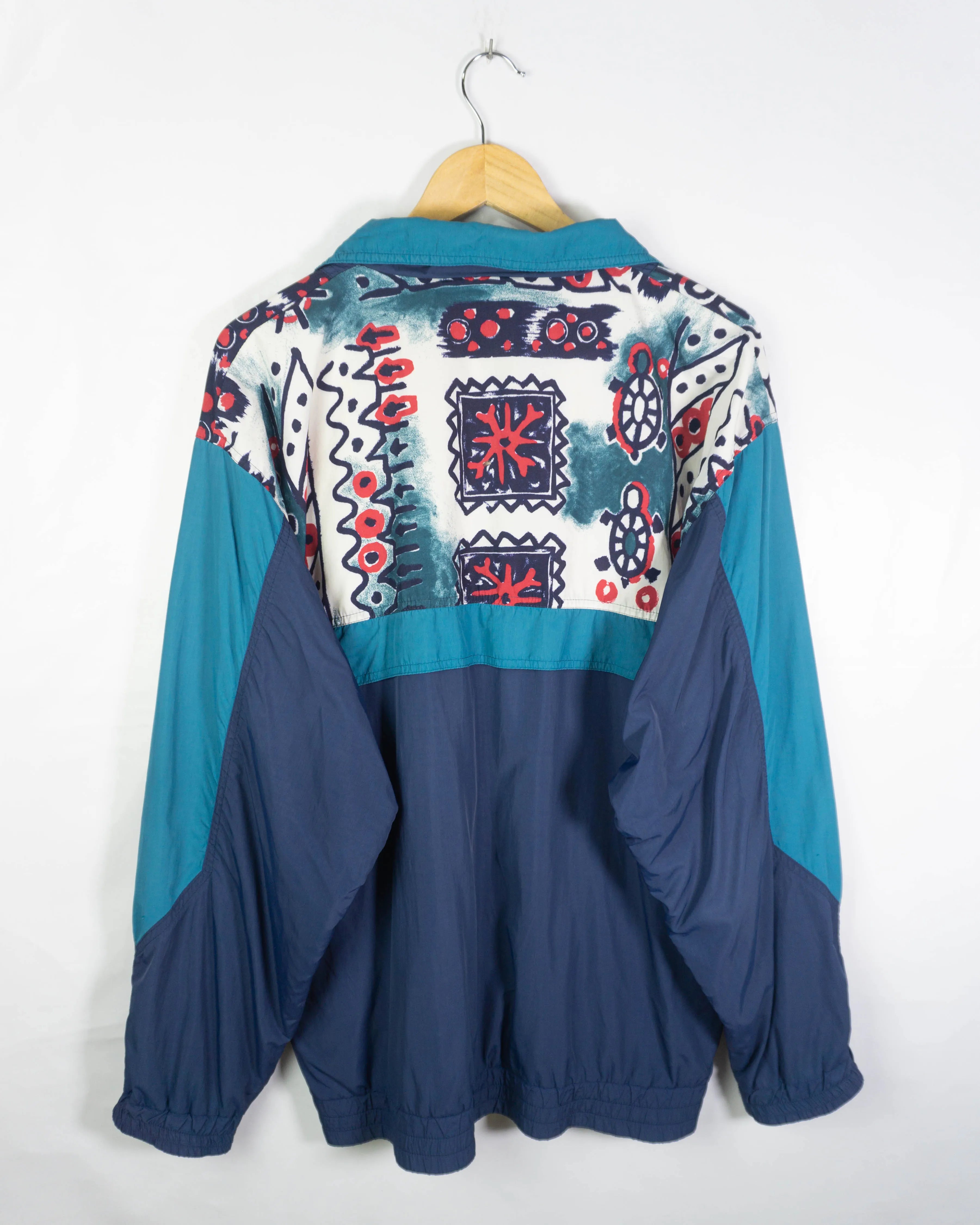 Chaqueta Estampada Azul Turquesa Vintage 90s — Talla XL
