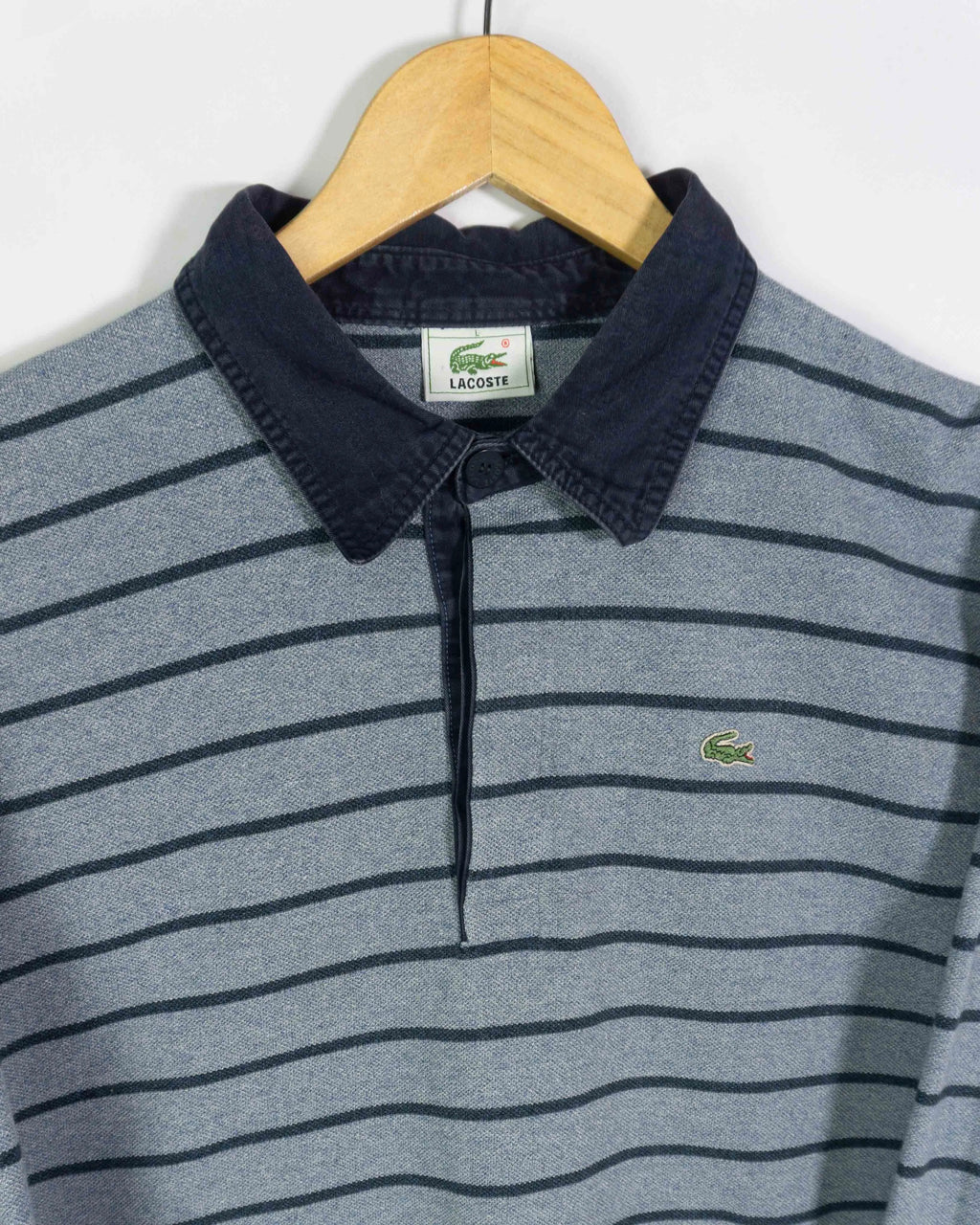 Polo Lacoste Rayas Gris Azul Manga Larga Vintage 00s — Talla L