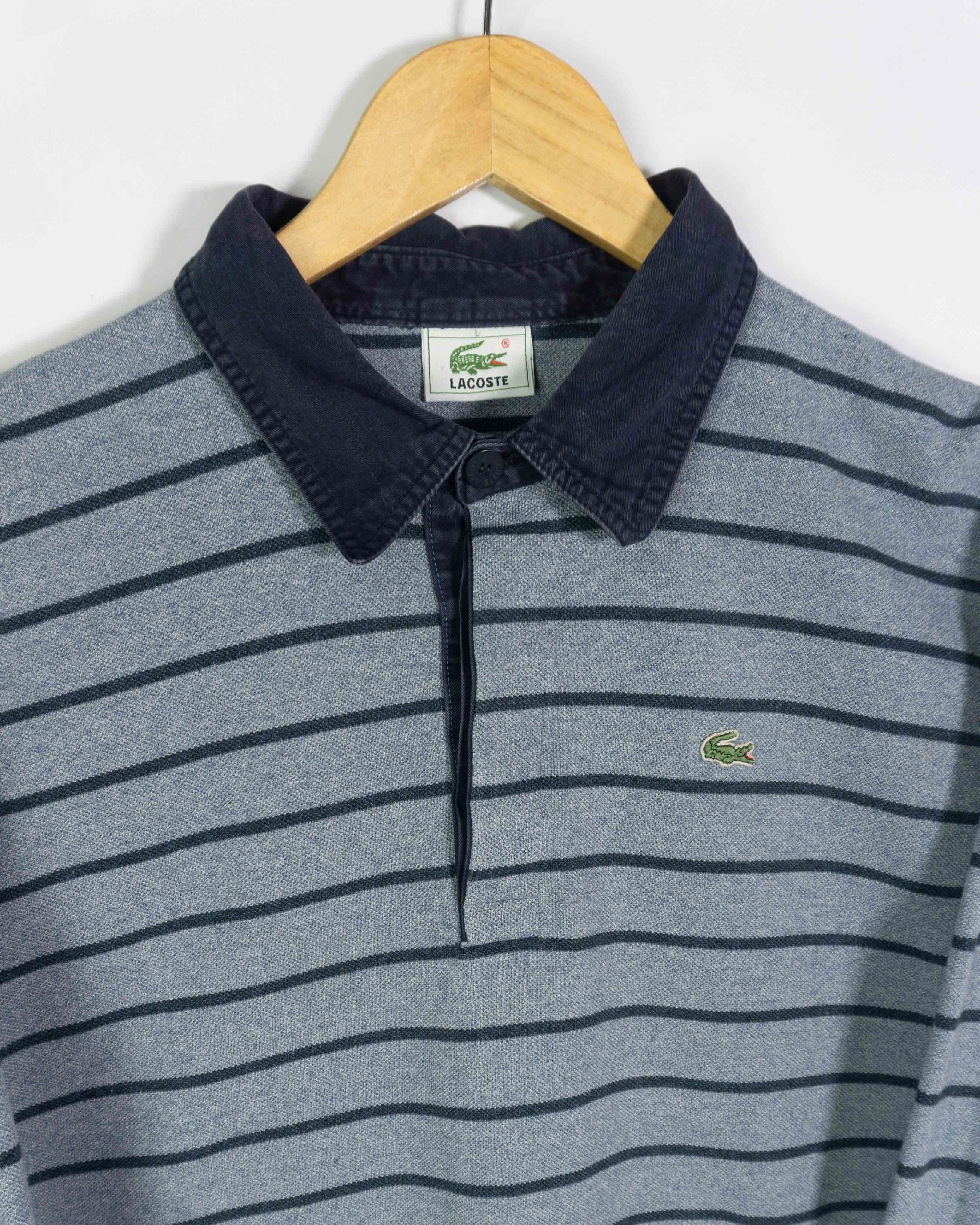 Polo Lacoste Rayas Gris Azul Manga Larga Vintage 00s — Talla L