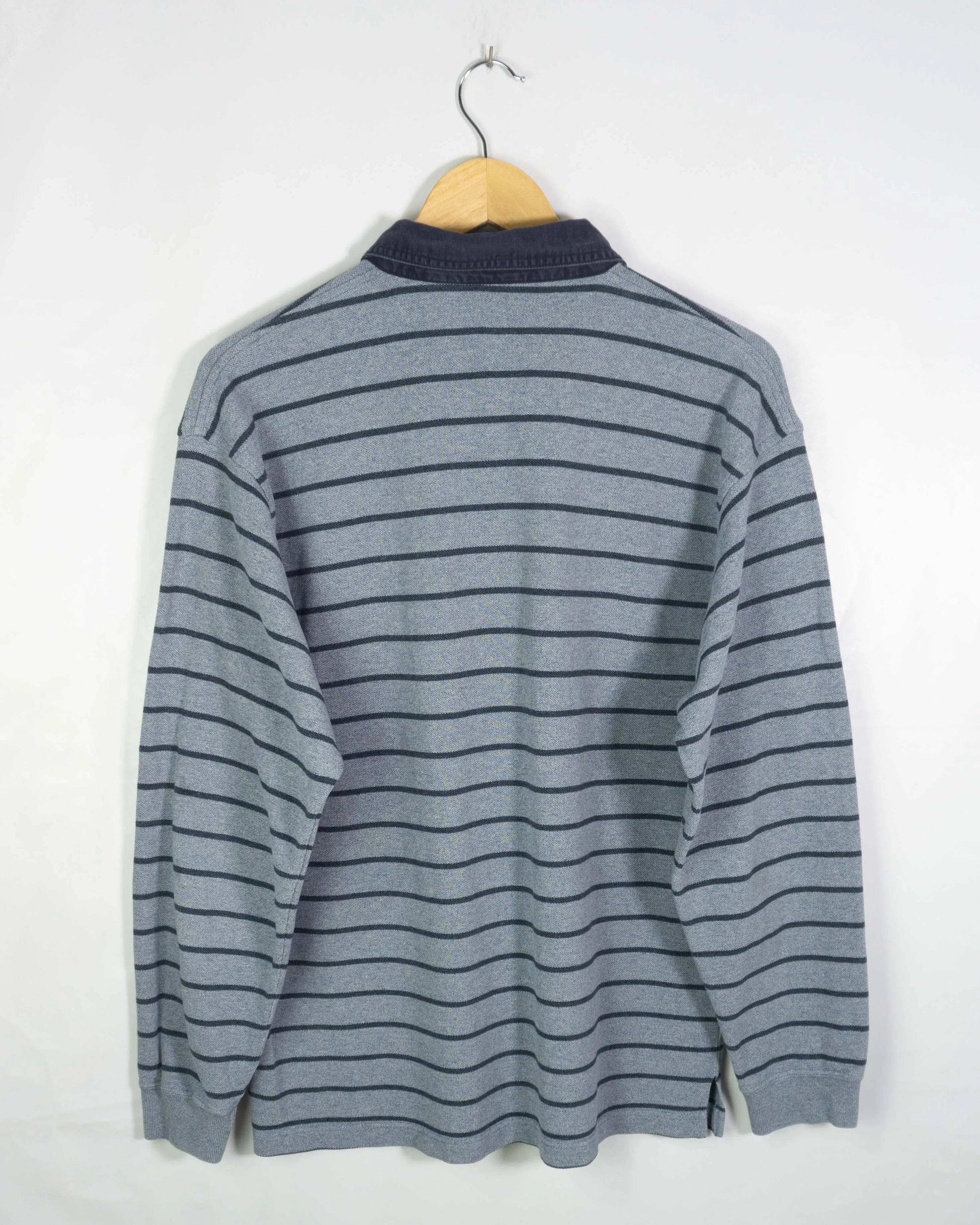 Polo Lacoste Rayas Gris Azul Manga Larga Vintage 00s — Talla L