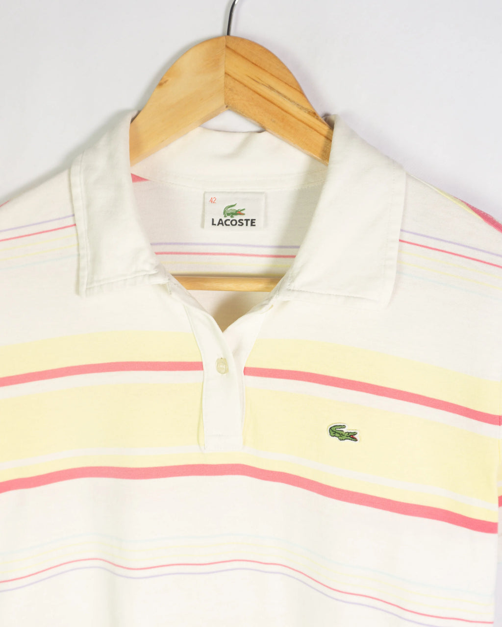 Polo Lacoste Rayas Rosa Amarillo Mujer — Talla L