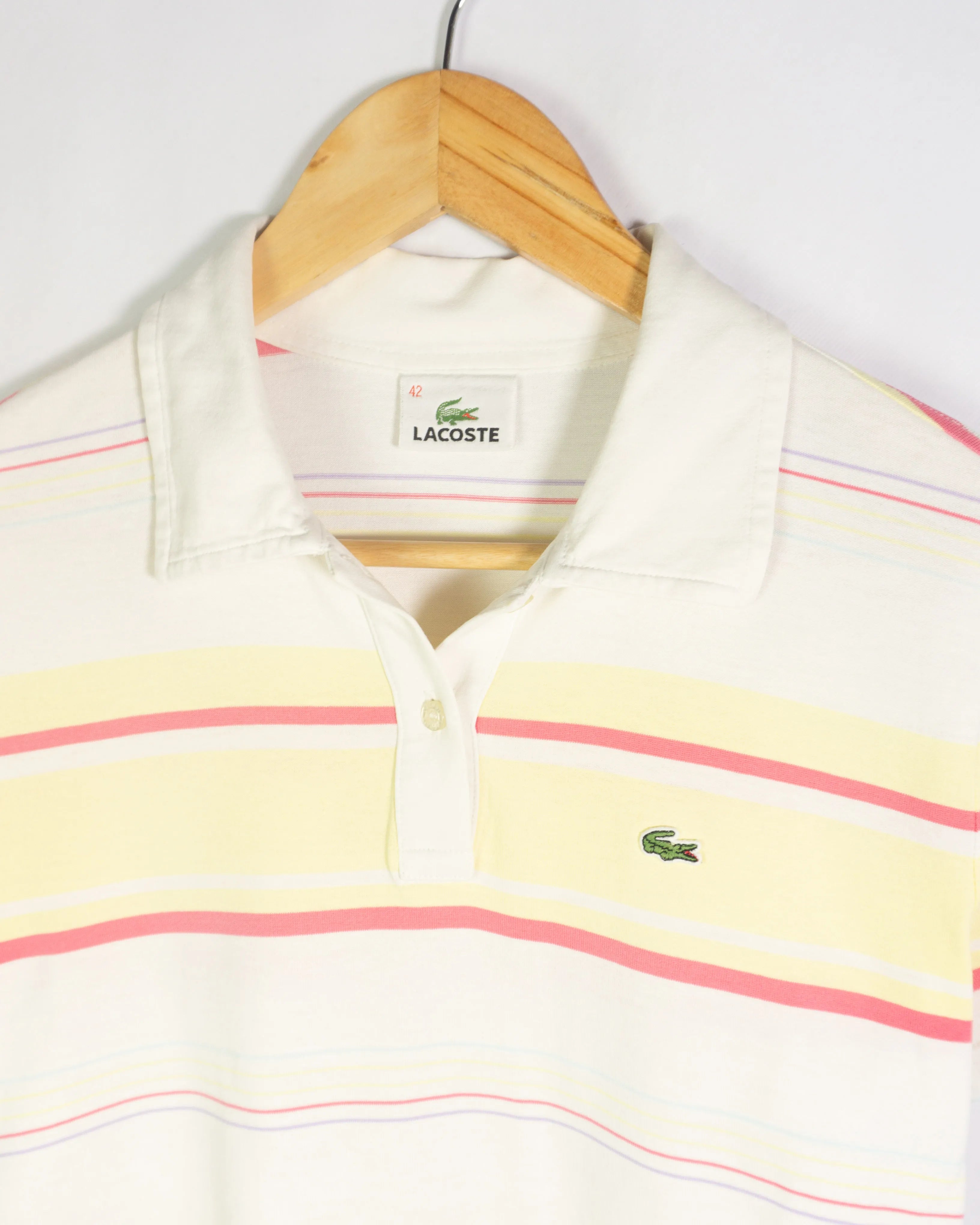 Polo Lacoste Rayas Rosa Amarillo Mujer — Talla L
