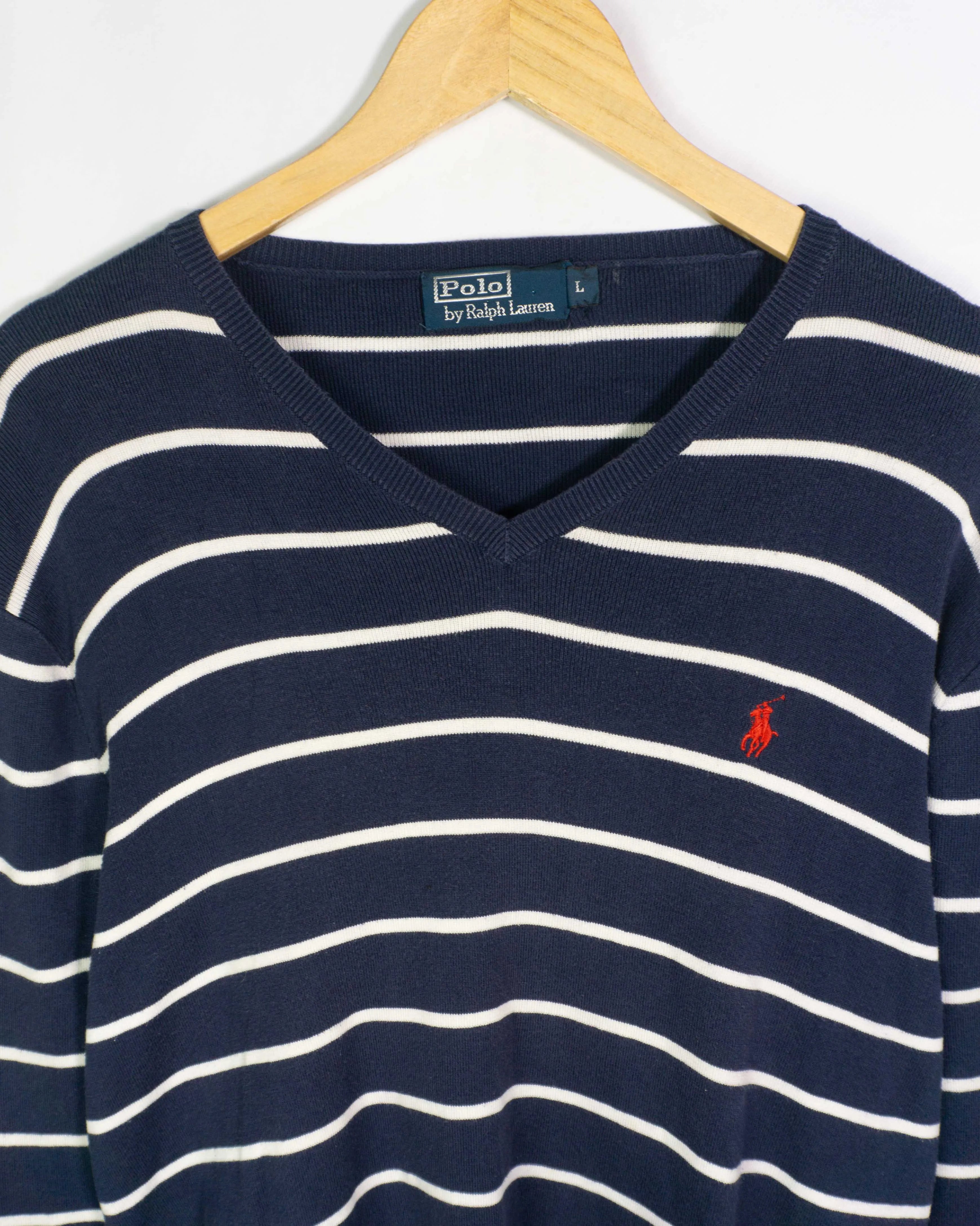 Jersey Polo Ralph Lauren Rayas Marino Vintage 90s — Talla L