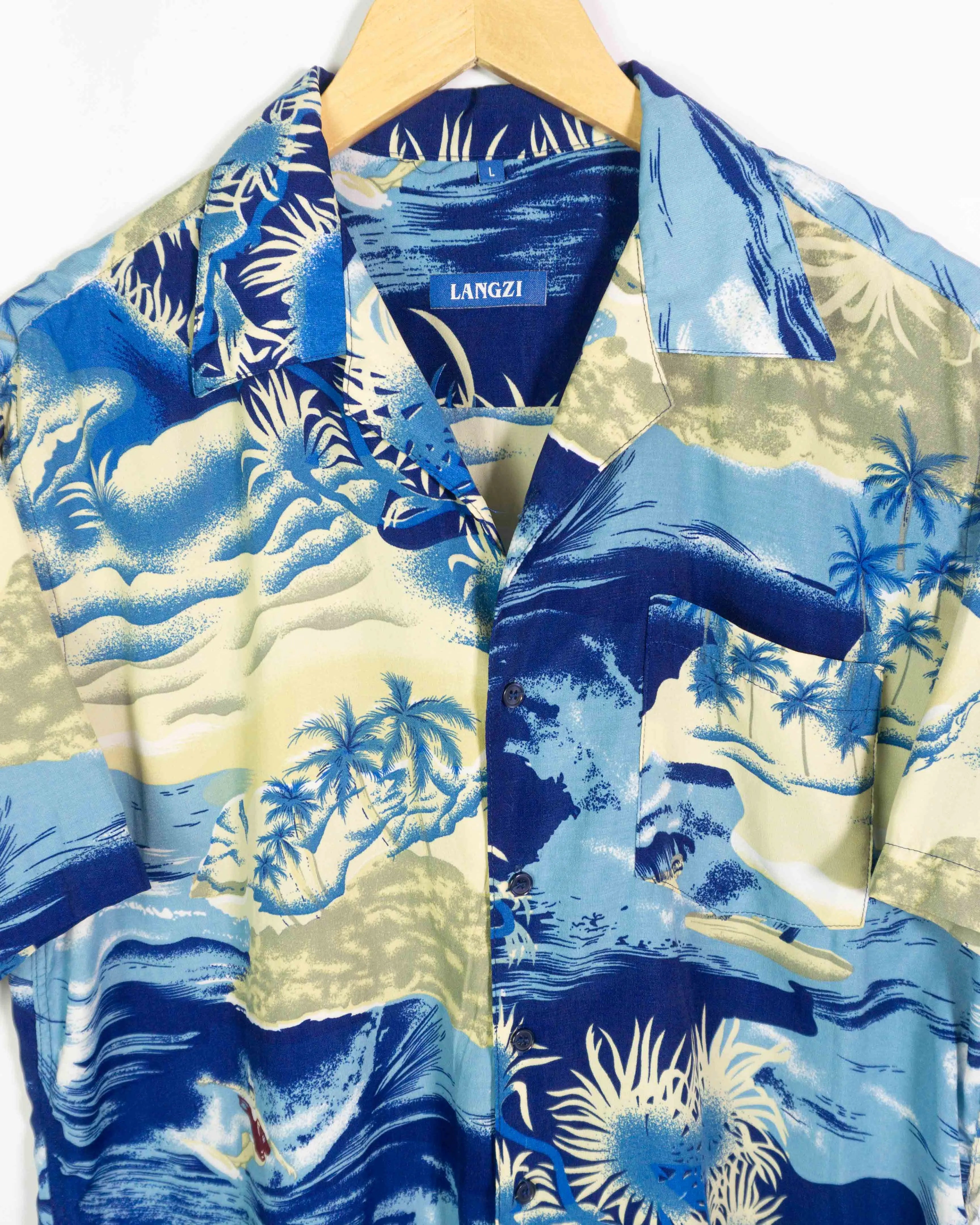 Camisa Hawaiana Estampado Tropical Azul — Talla L