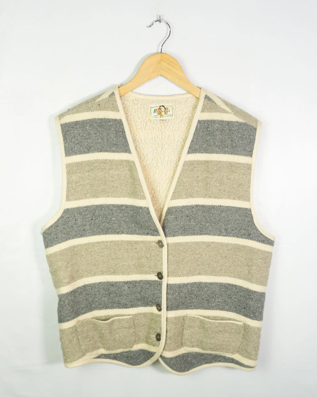 Chaleco Lana Magangi Rayas Vintage 70s Gris Crudo — Talla L