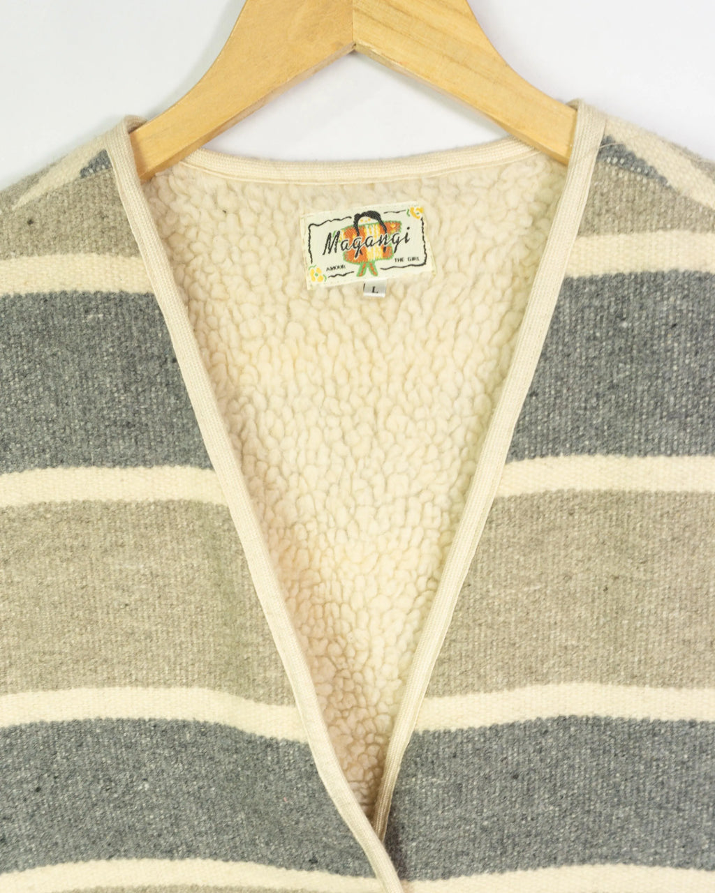 Chaleco Lana Magangi Rayas Vintage 70s Gris Crudo — Talla L
