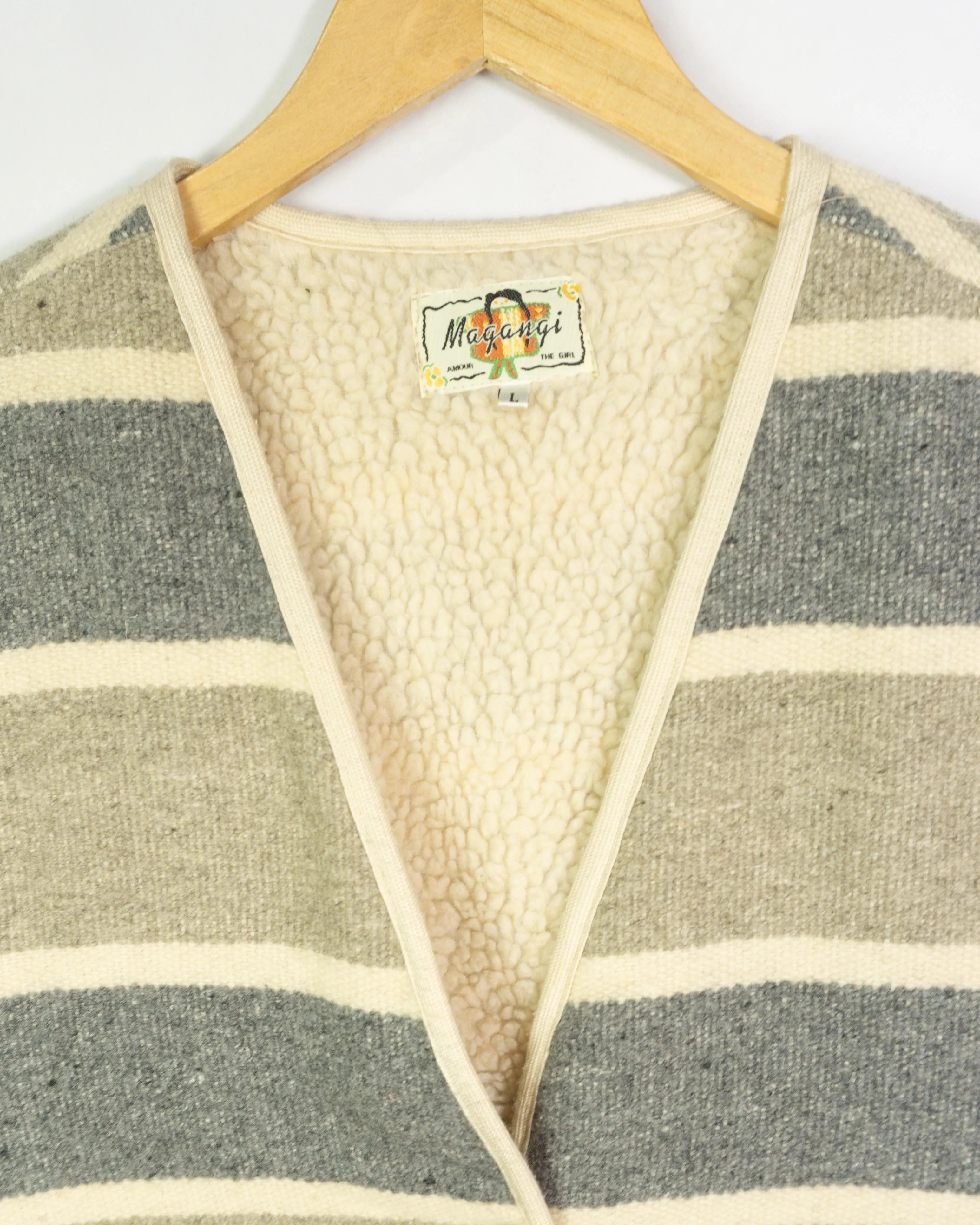 Chaleco Lana Magangi Rayas Vintage 70s Gris Crudo — Talla L