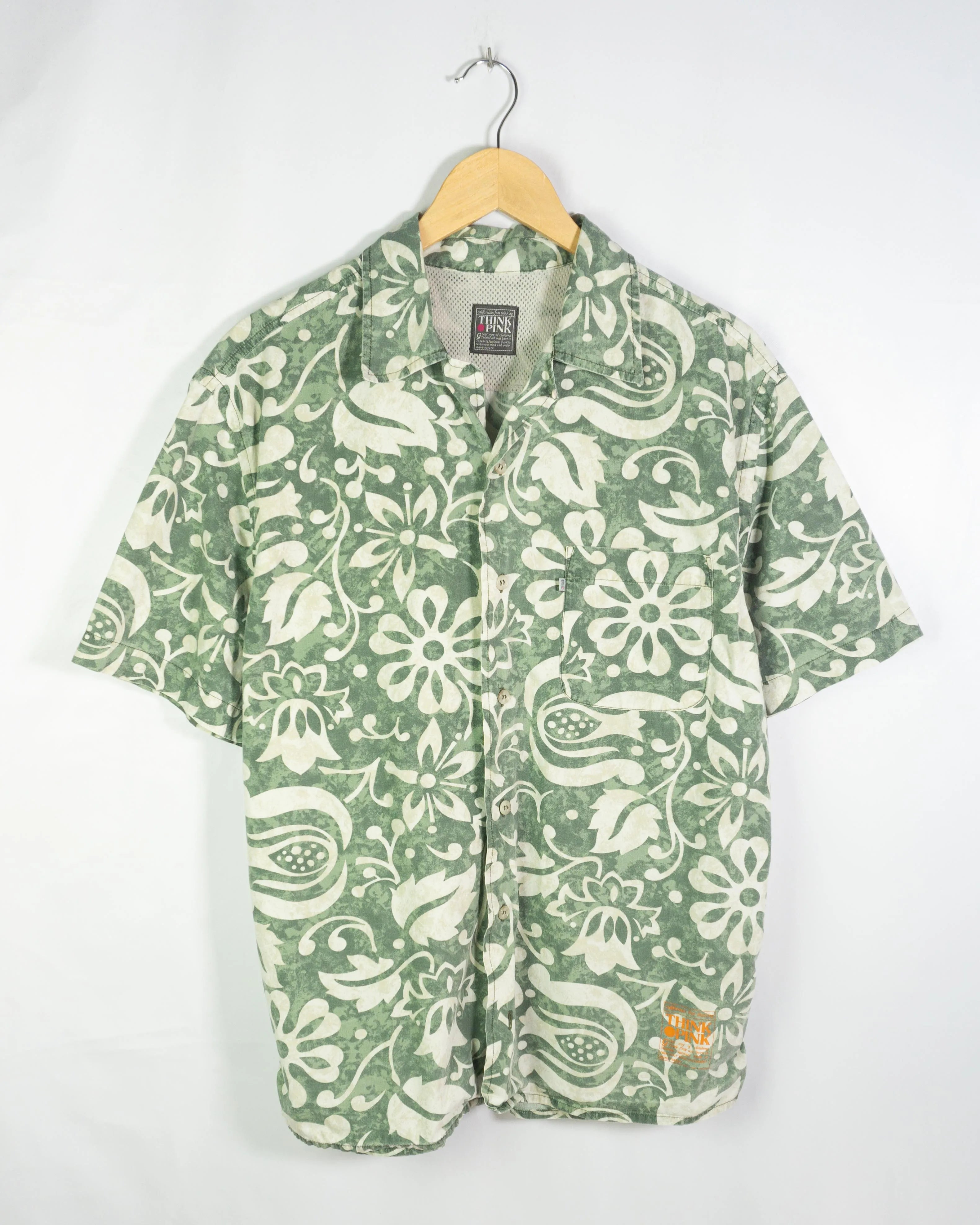 Camisa Think Pink Vintage 00s Floral Verde Manga Corta — Talla L