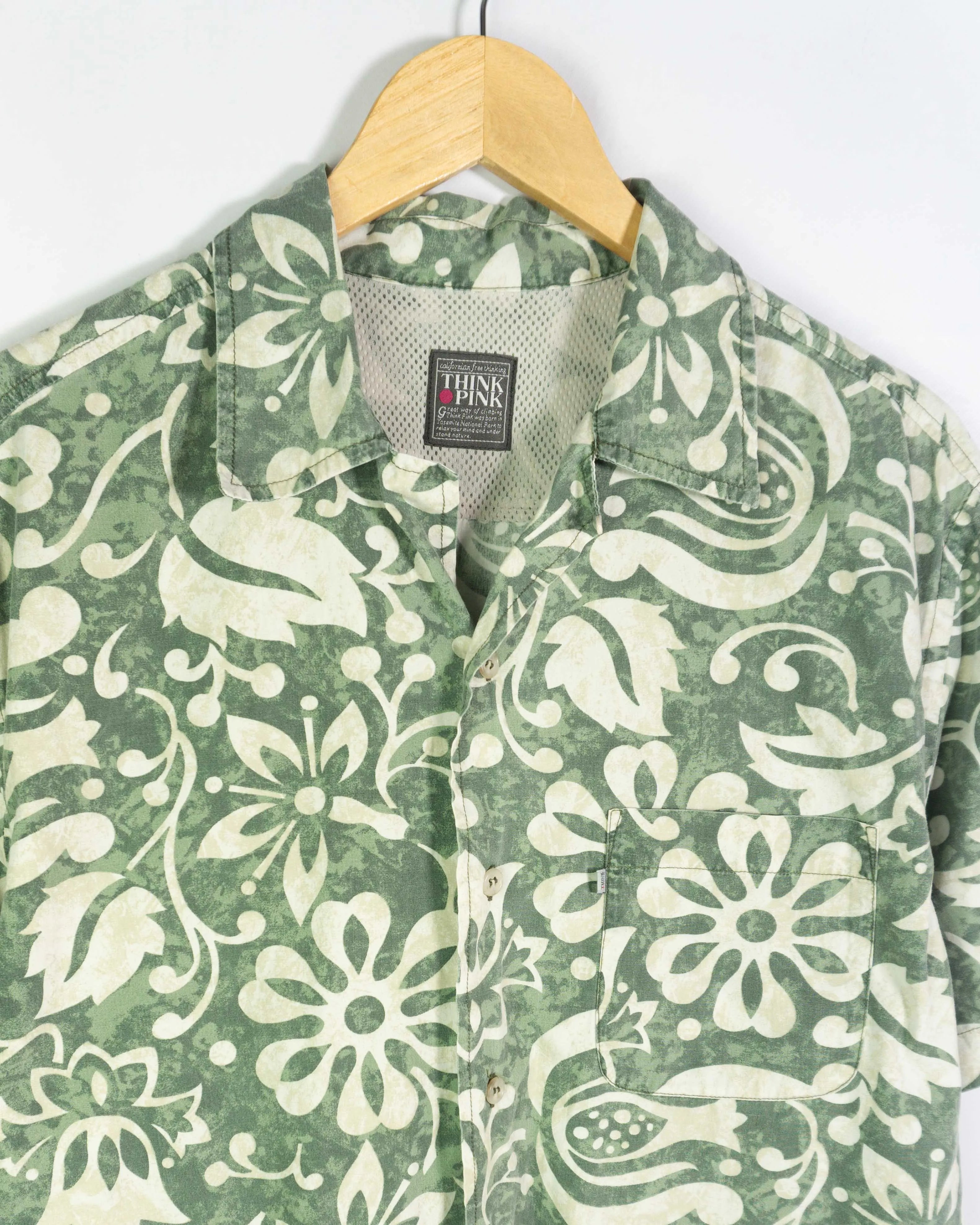 Camisa Think Pink Vintage 00s Floral Verde Manga Corta — Talla L