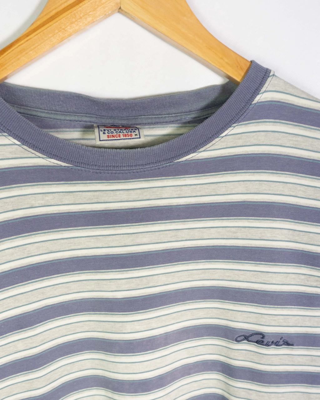Camiseta Levi's Rayas Azul Gris Vintage 90s — Talla M