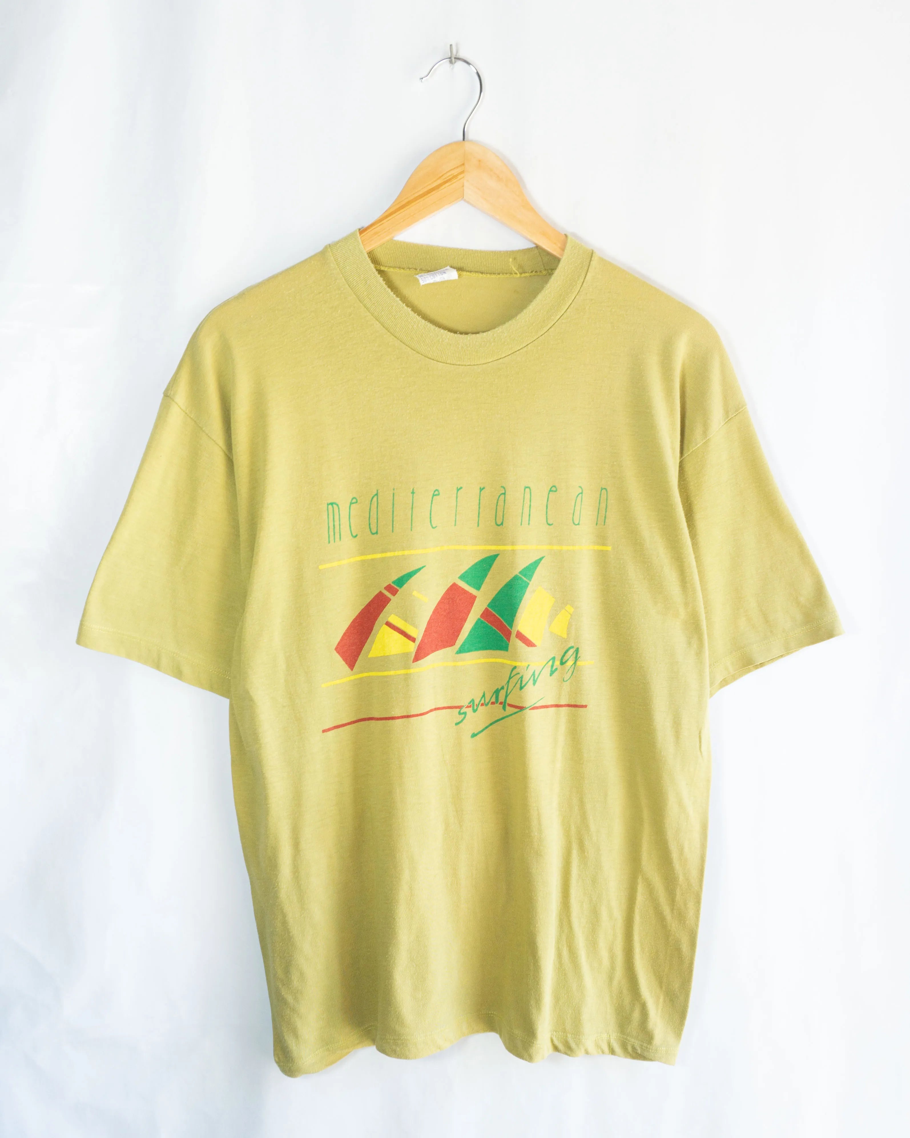 Camiseta Mediterranean Surfing Verde Vintage 80s — Talla S