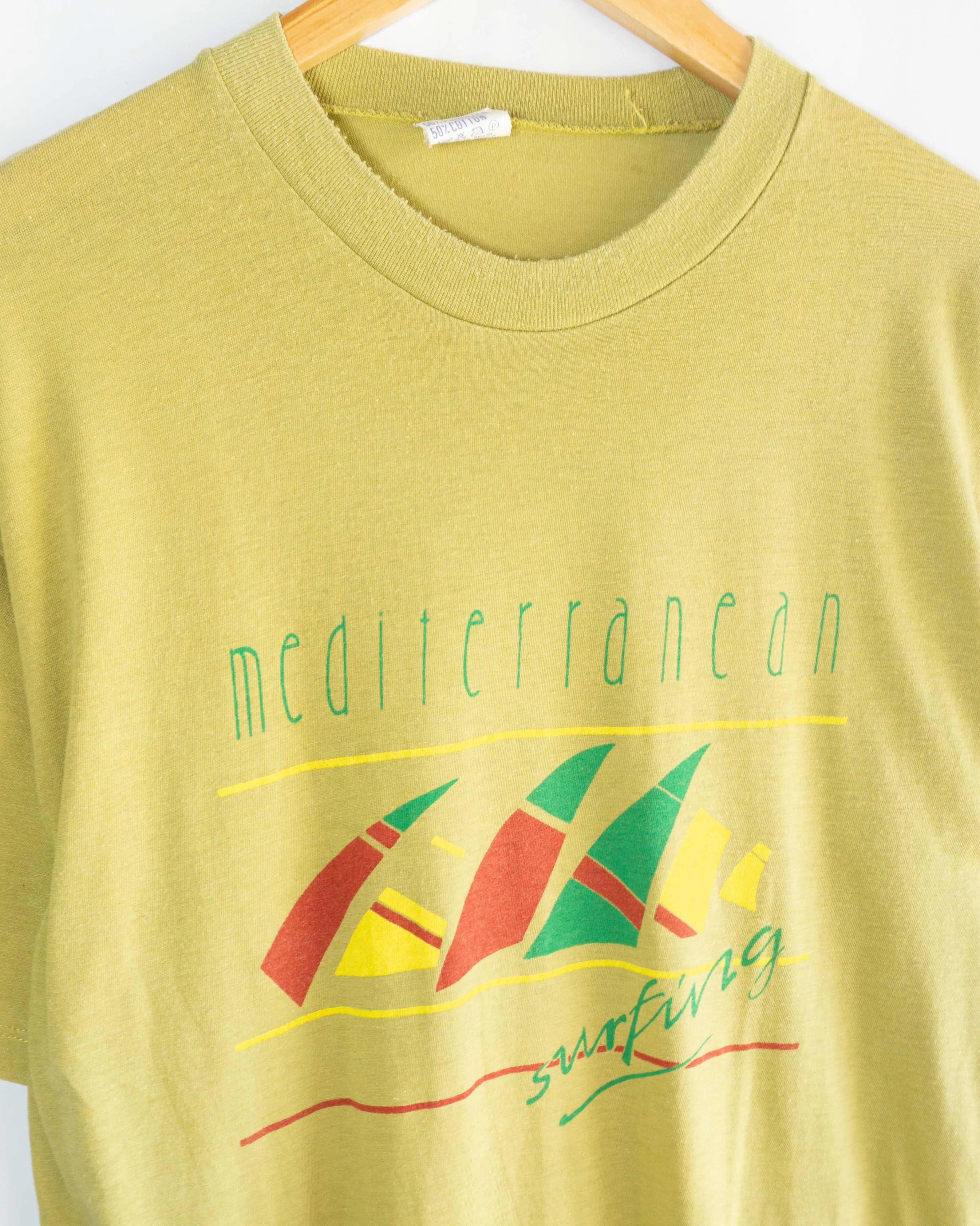 Camiseta Mediterranean Surfing Verde Vintage 80s — Talla S
