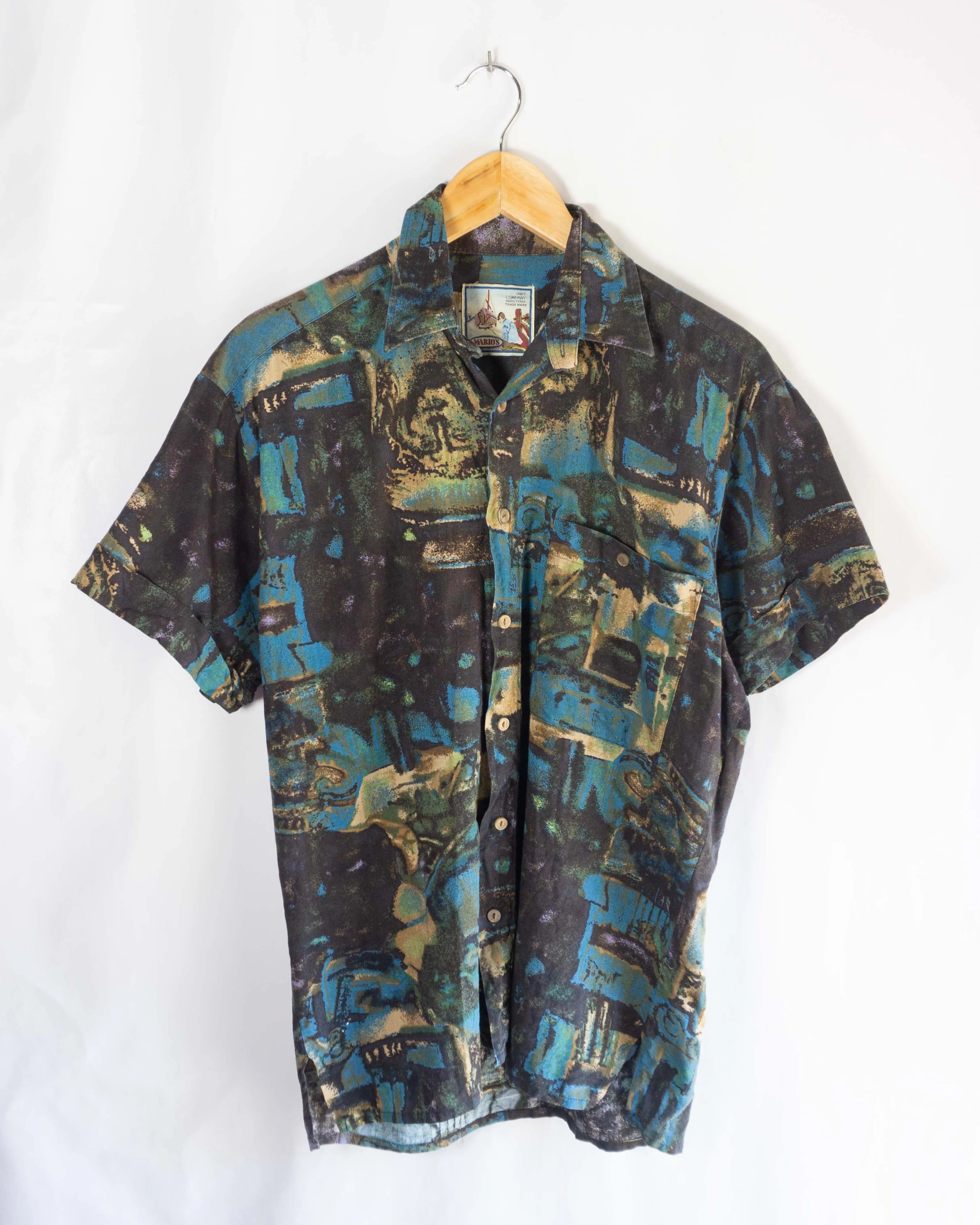 Camisa Vintage 90s Manga Corta Estampado Abstracto — Talla M