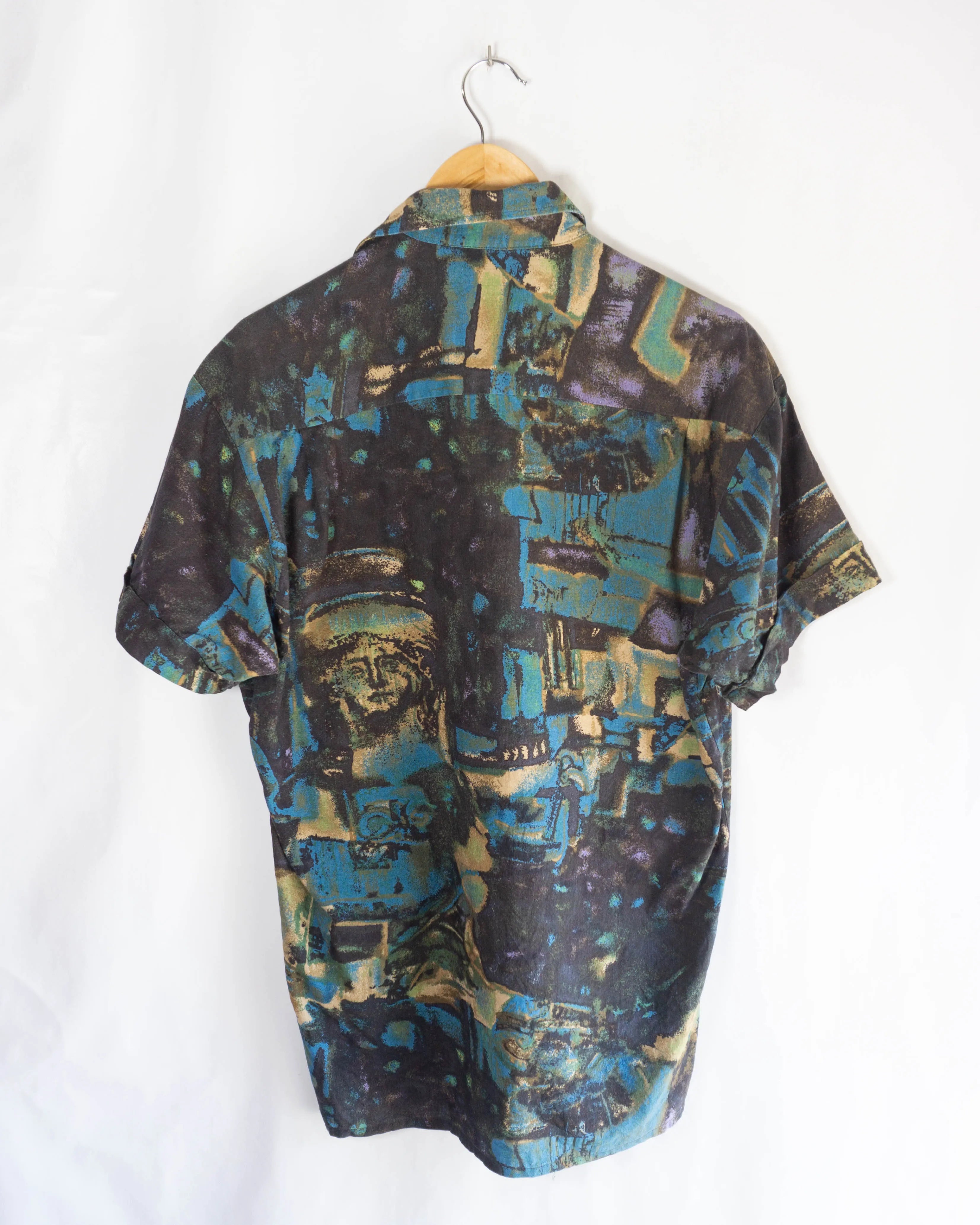 Camisa Vintage 90s Manga Corta Estampado Abstracto — Talla M