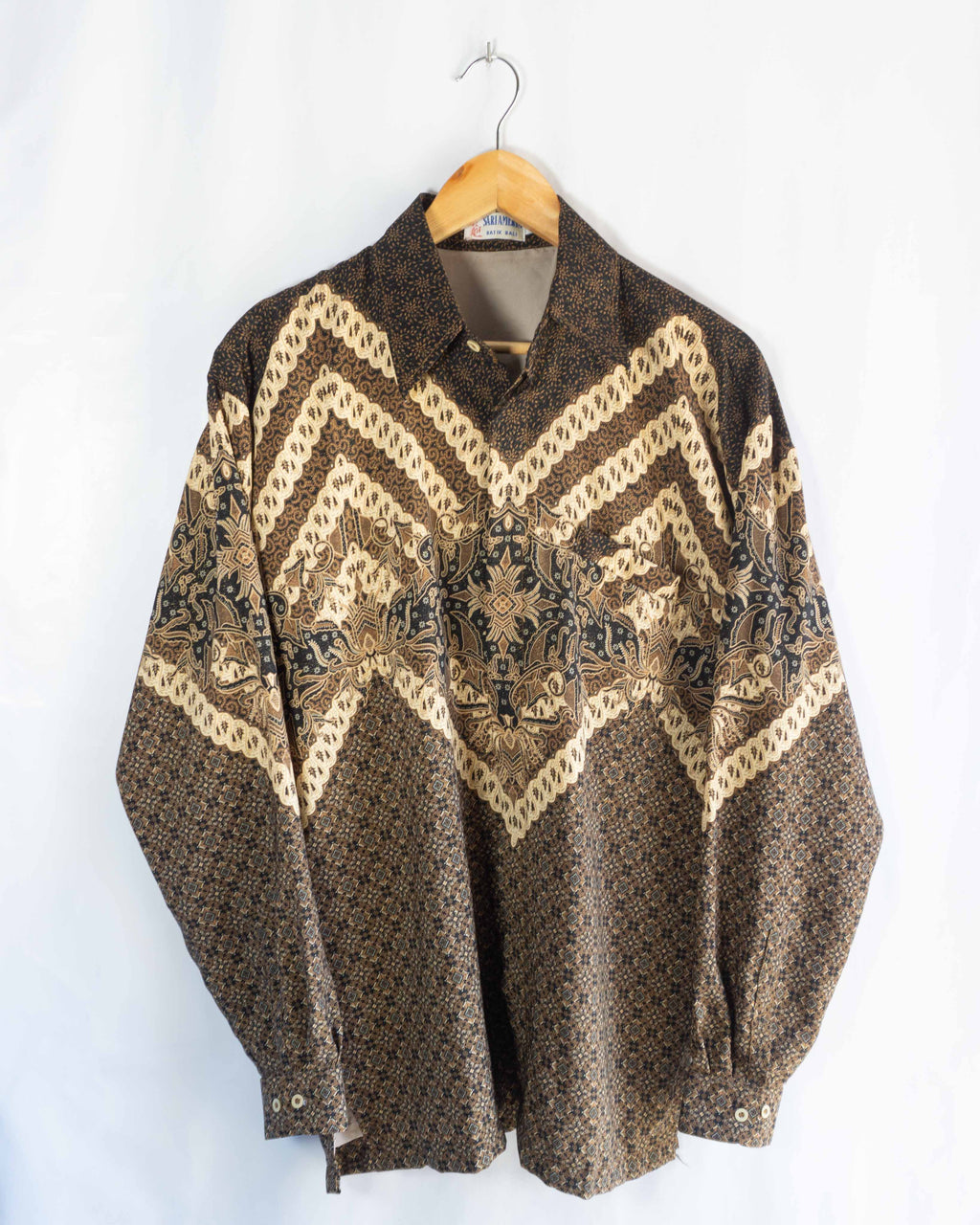 Camisa Vintage Marrón con Estampado Étnico — Talla XL