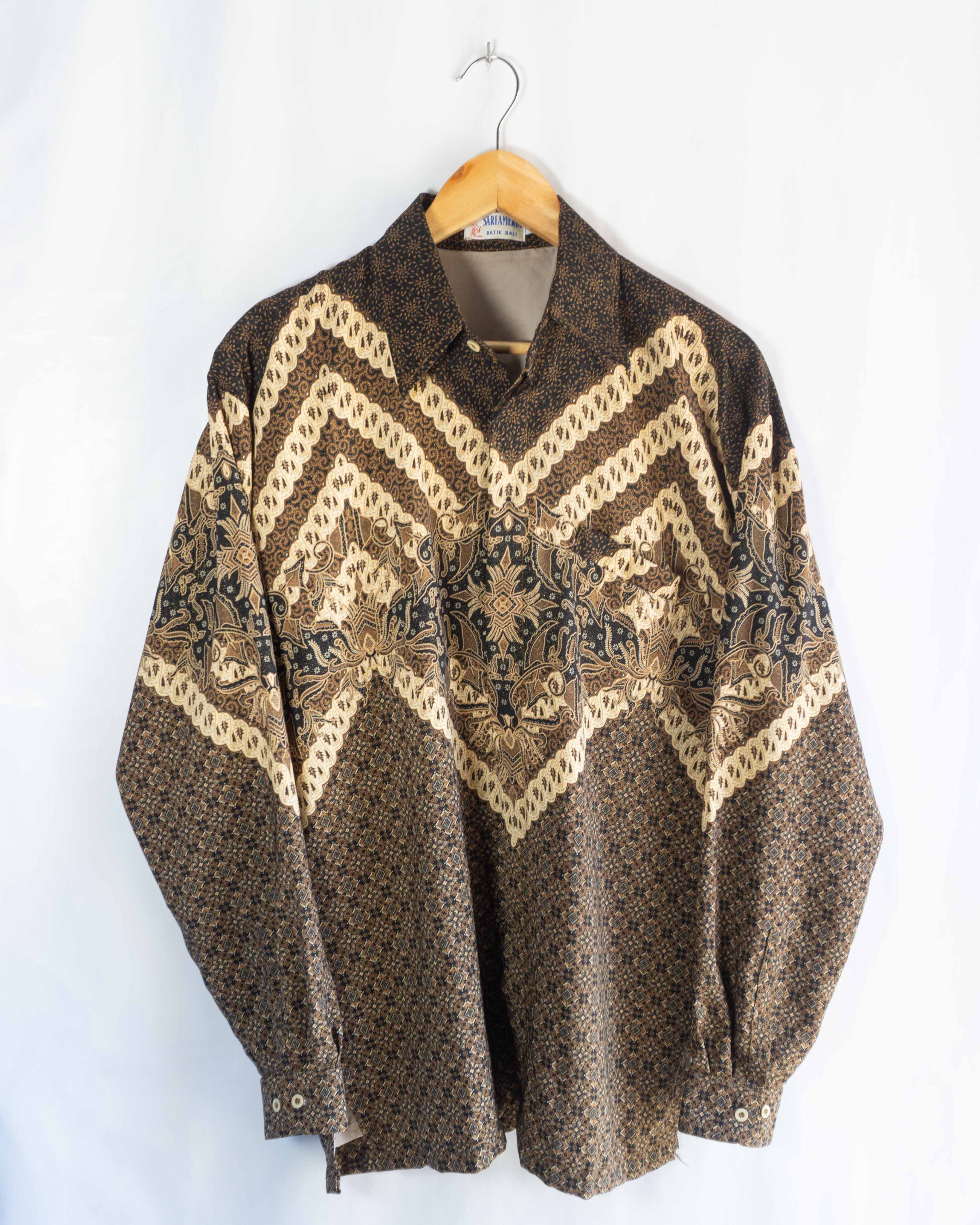 Camisa Vintage Marrón con Estampado Étnico — Talla XL