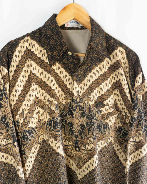 Camisa Vintage Marrón con Estampado Étnico — Talla XL