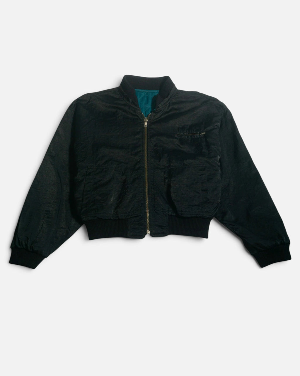 Chaqueta Bomber Crop Negra Vintage 90s — Talla M