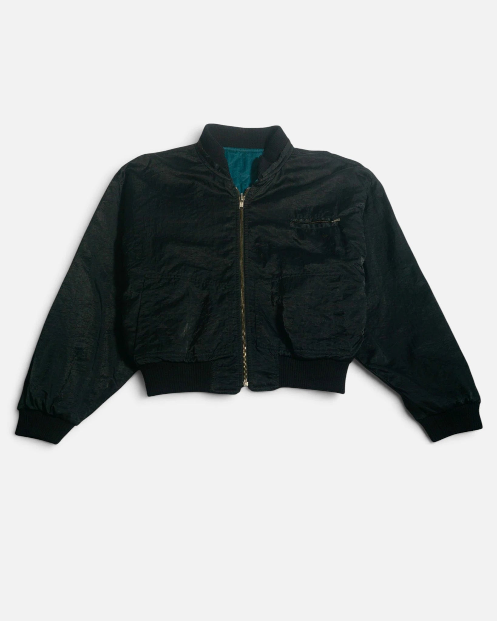 Chaqueta Bomber Crop Negra Vintage 90s — Talla M