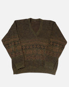 Jersey Lana Cuello V Geométrico Verde Vintage — Talla L