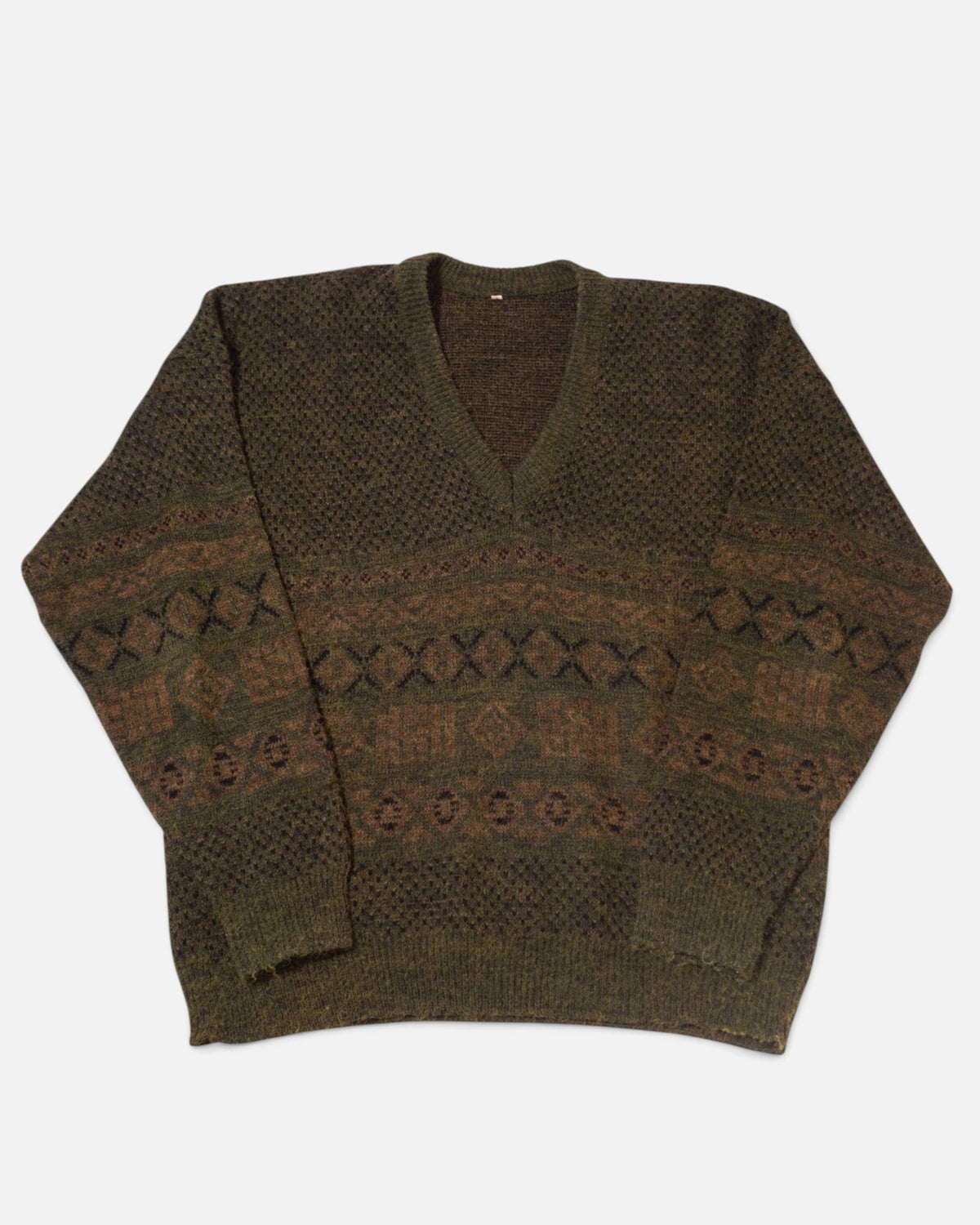 Jersey Lana Cuello V Geométrico Verde Vintage — Talla L