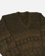 Jersey Lana Cuello V Geométrico Verde Vintage — Talla L