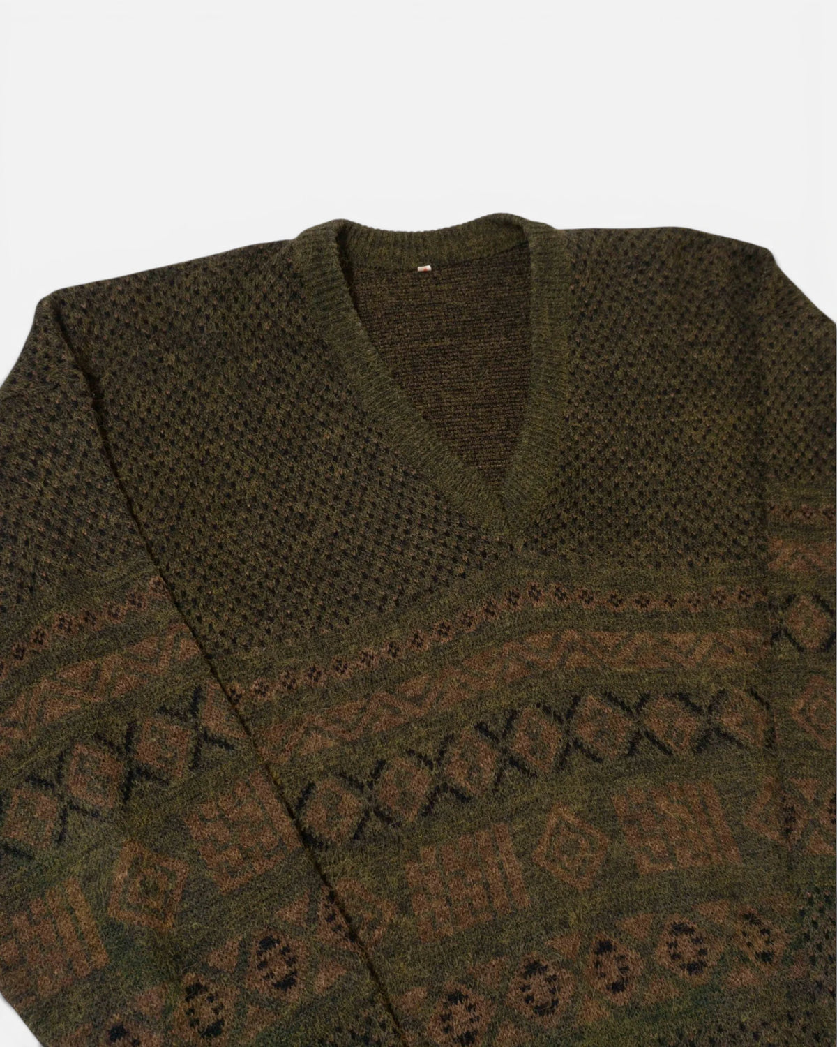 Jersey Lana Cuello V Geométrico Verde Vintage — Talla L