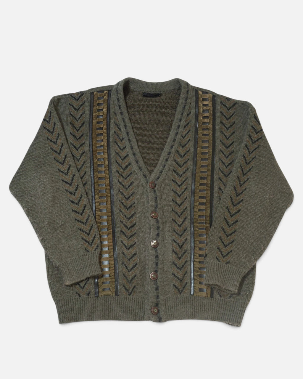 Cárdigan Punto Geométrico Verde Oliva Vintage — Talla M