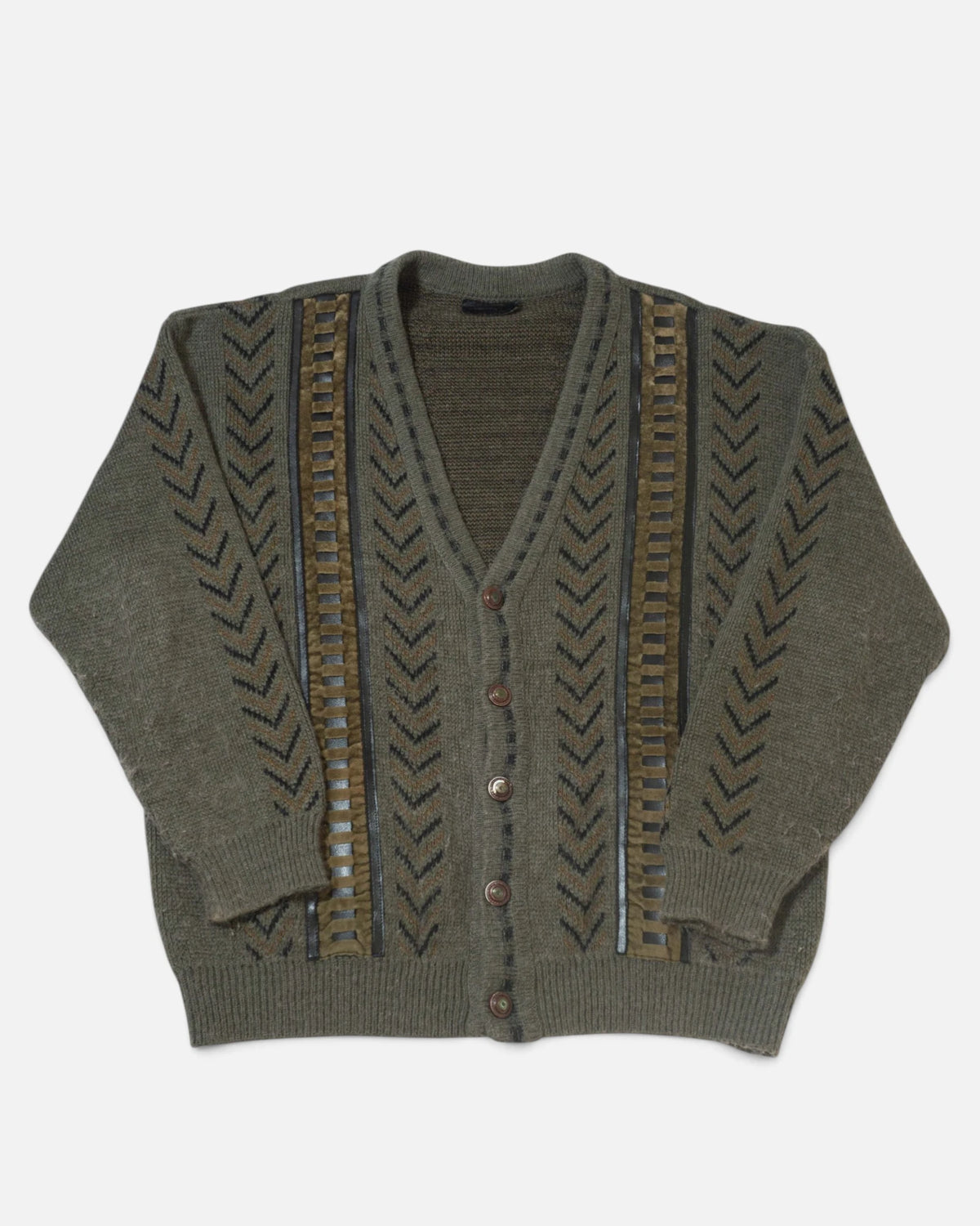Cárdigan Punto Geométrico Verde Oliva Vintage — Talla M