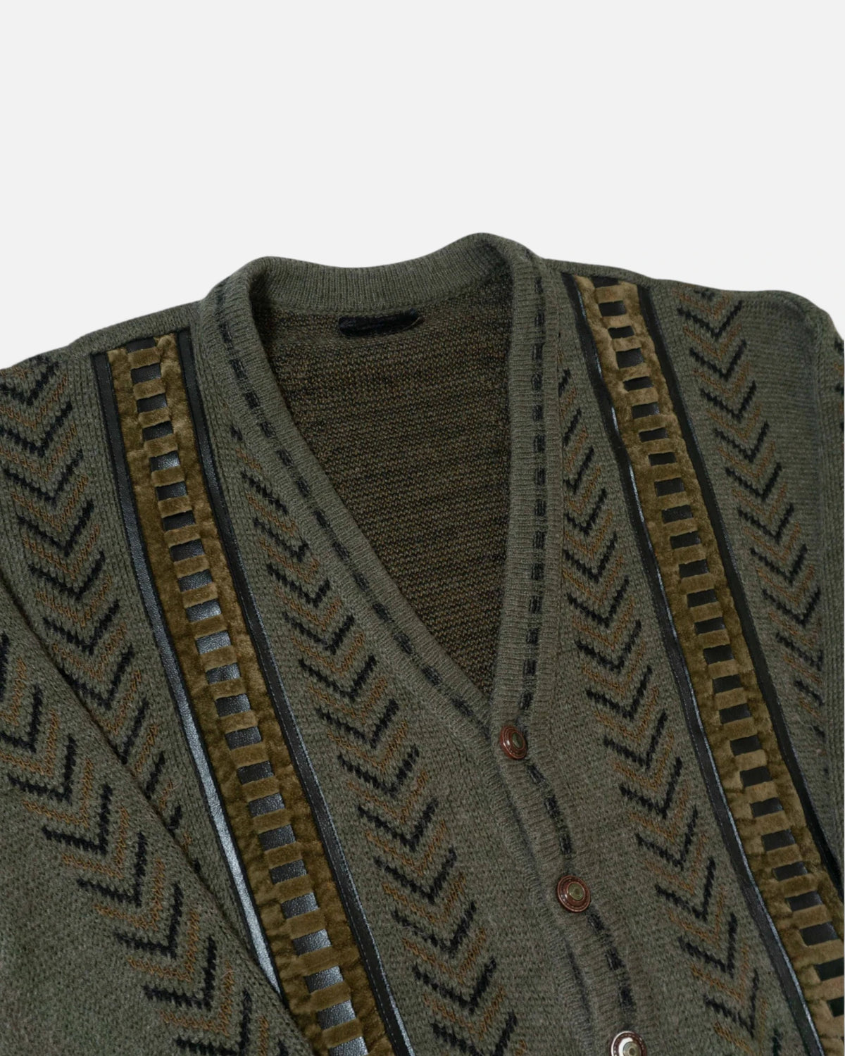 Cárdigan Punto Geométrico Verde Oliva Vintage — Talla M