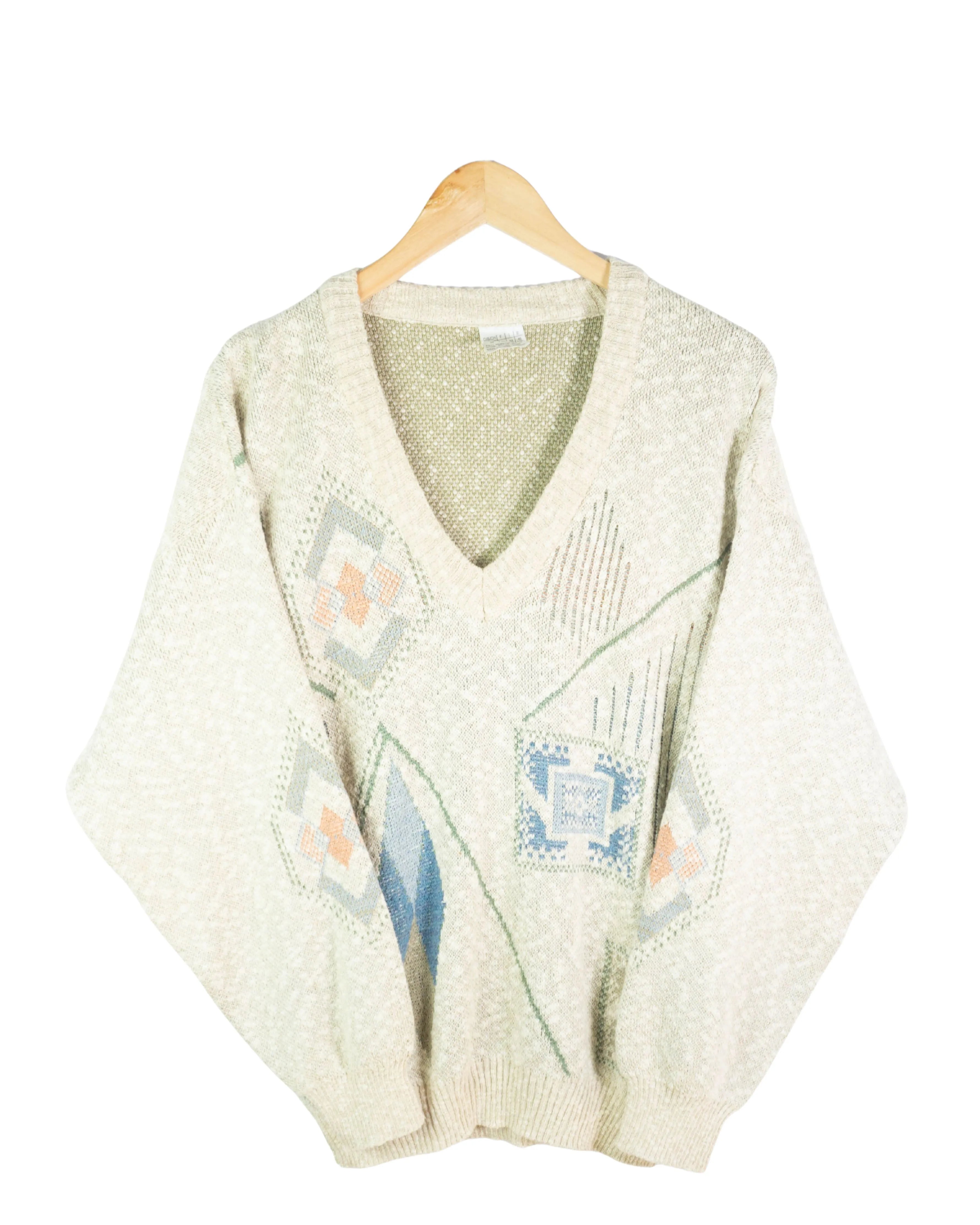 Jersey cuello pico estampado vintage 90s beige L