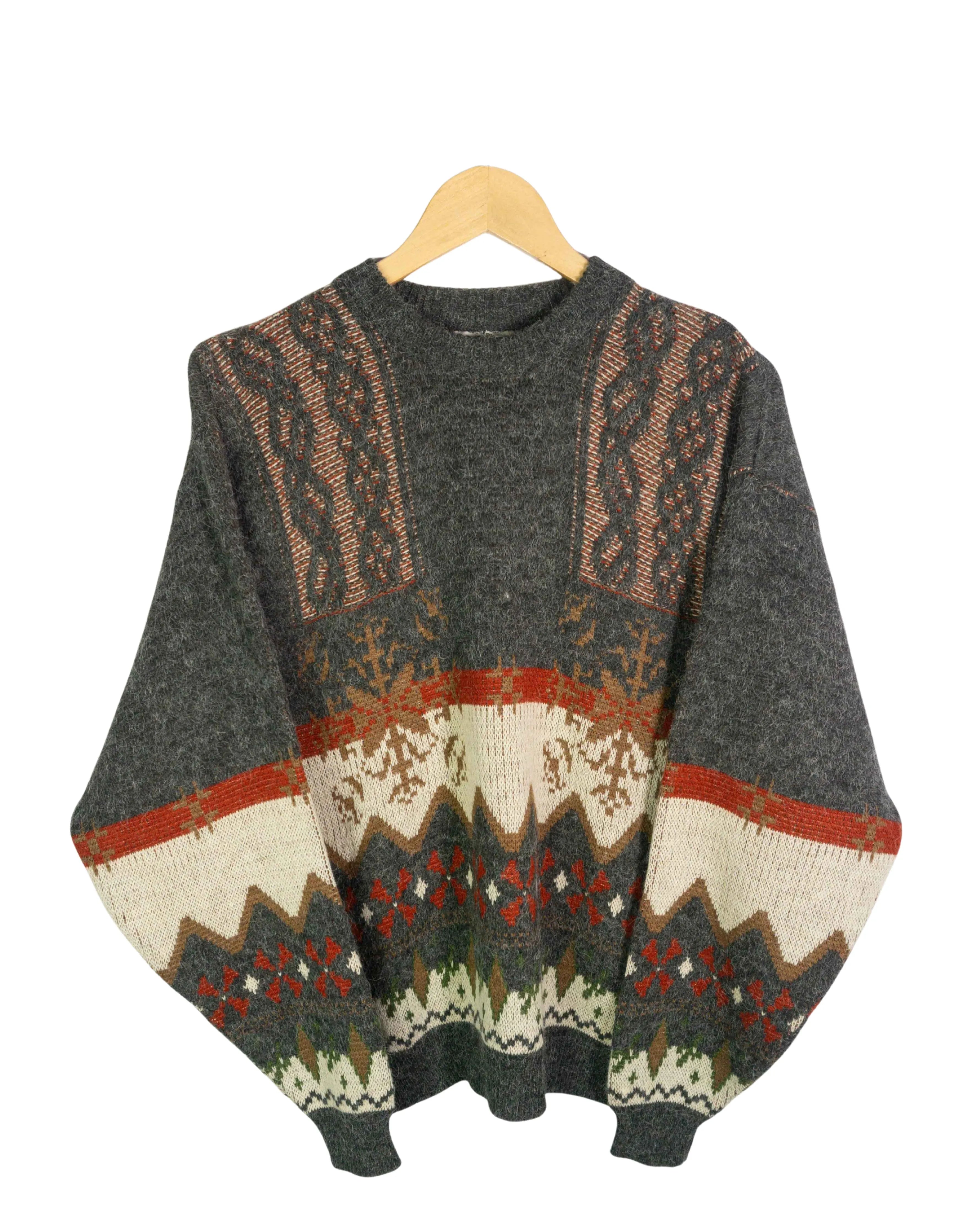 Jersey de Punto Vintage 90s Estampado Nórdico Gris — Talla S