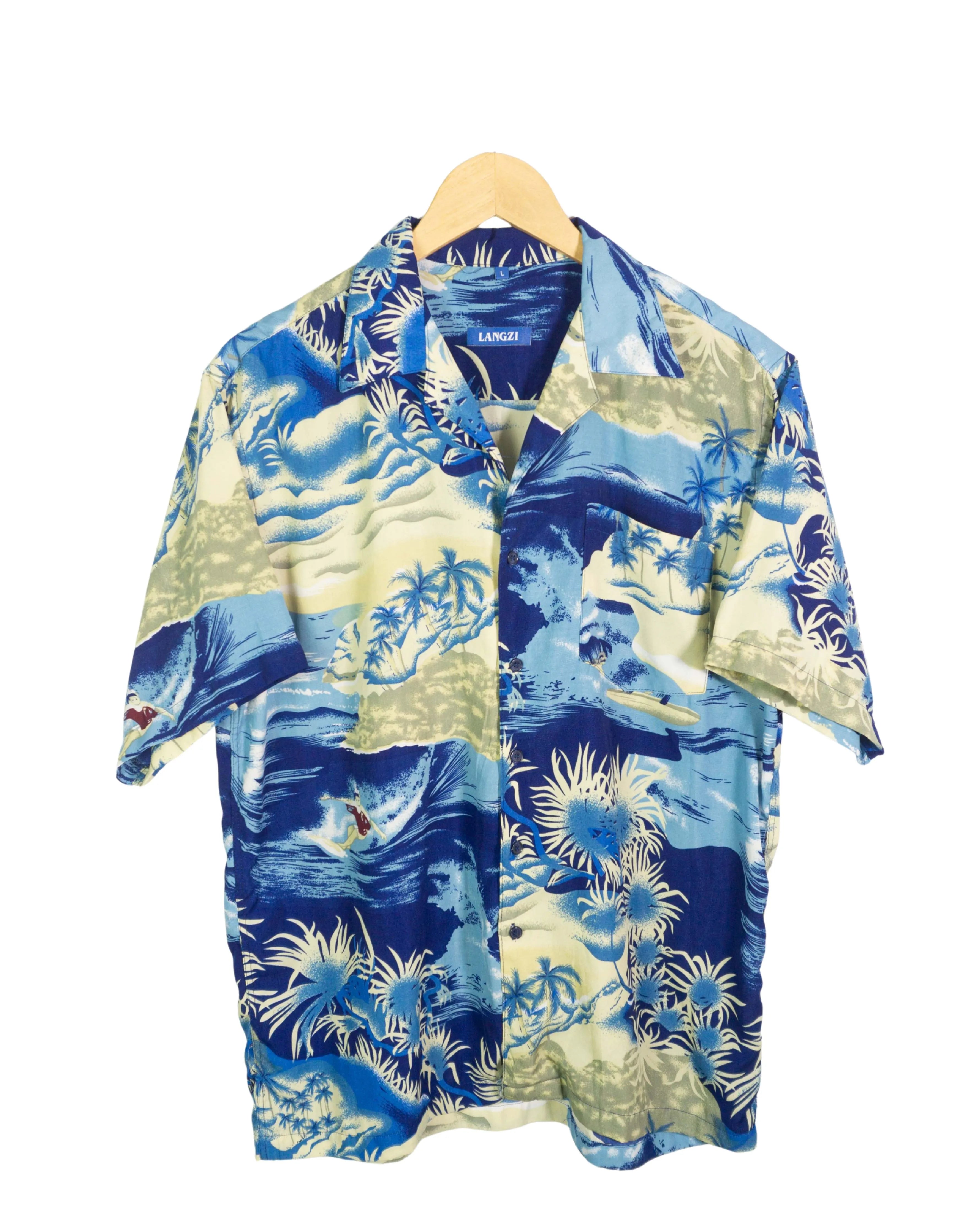 Camisa Hawaiana Estampado Tropical Azul — Talla L