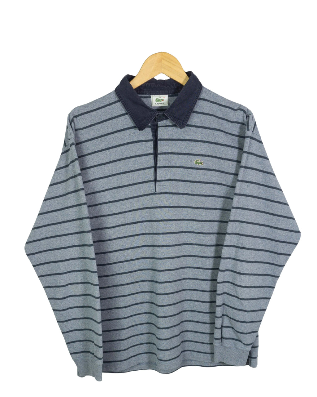 Polo Lacoste Rayas Gris Azul Manga Larga Vintage 00s — Talla L