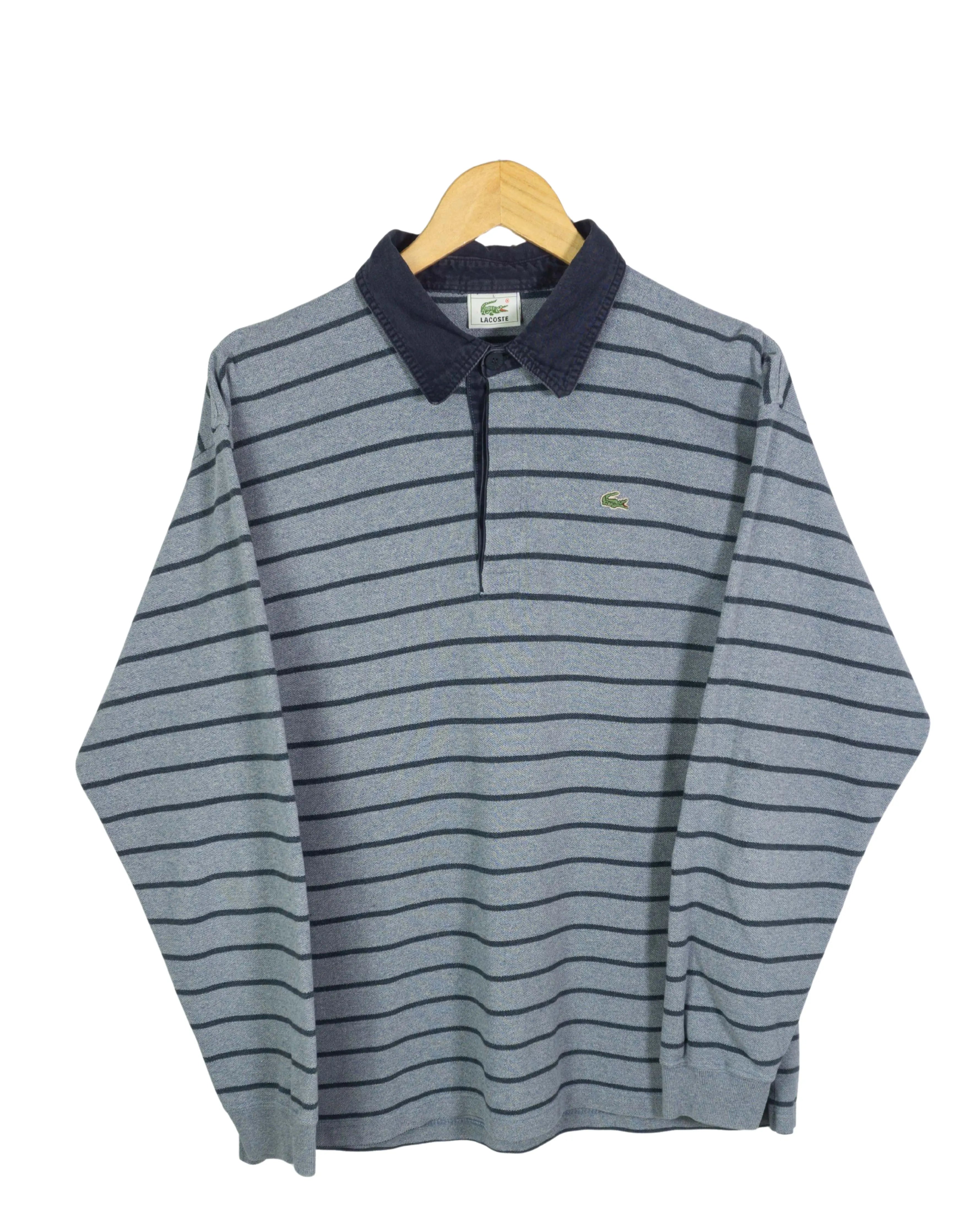 Polo Lacoste Rayas Gris Azul Manga Larga Vintage 00s — Talla L