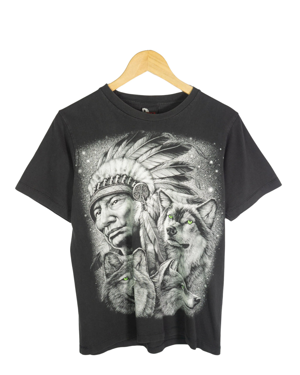 Camiseta Rock Heavy Indio Nativo y Lobos Negra — Talla M