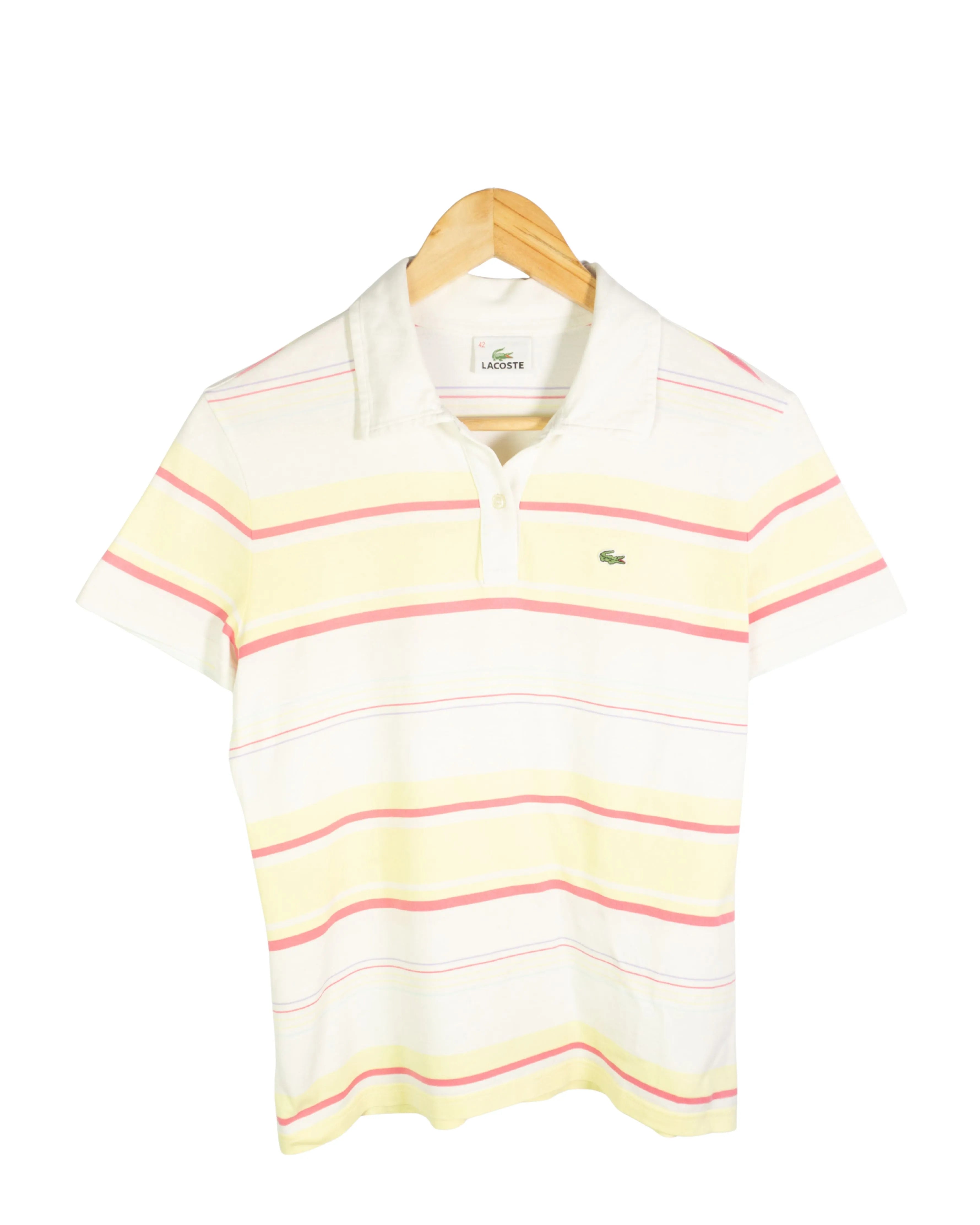 Polo Lacoste Rayas Rosa Amarillo Mujer — Talla L