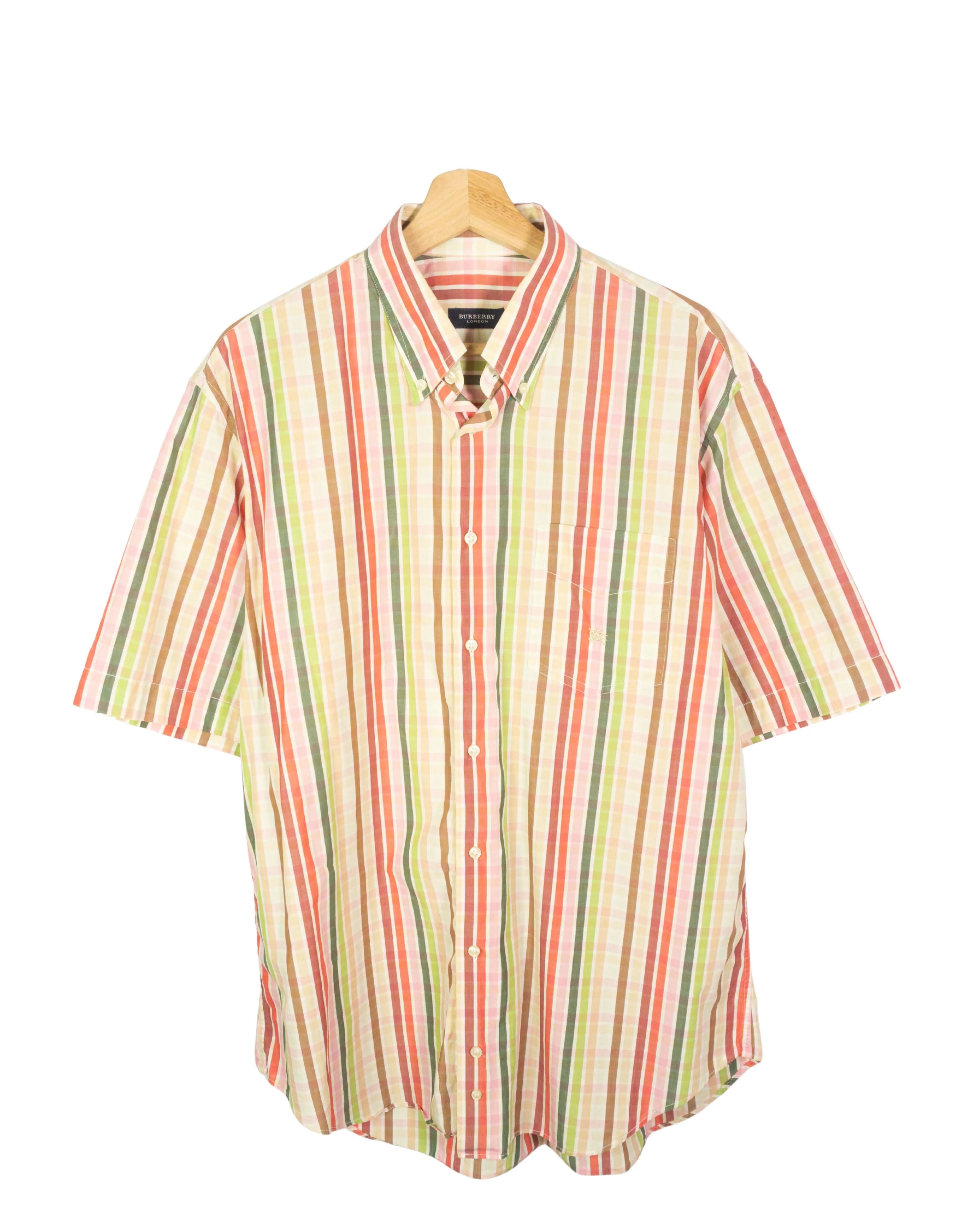 Camisa Burberry Vintage 2000s de Rayas de Manga Corta — Talla XL