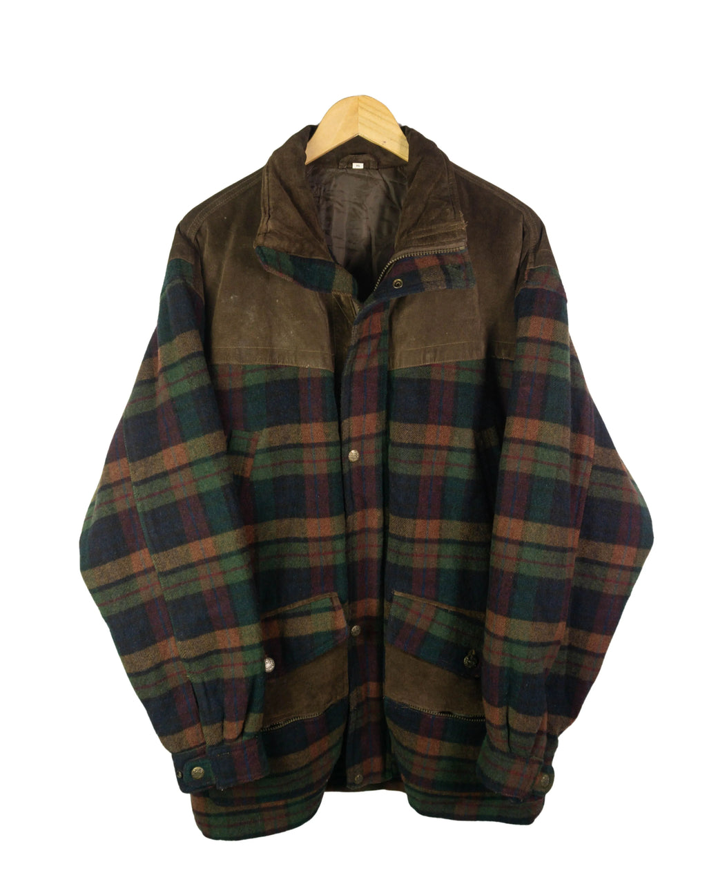 Chaqueta larga de cuadros vintage lana/ante marrón XL